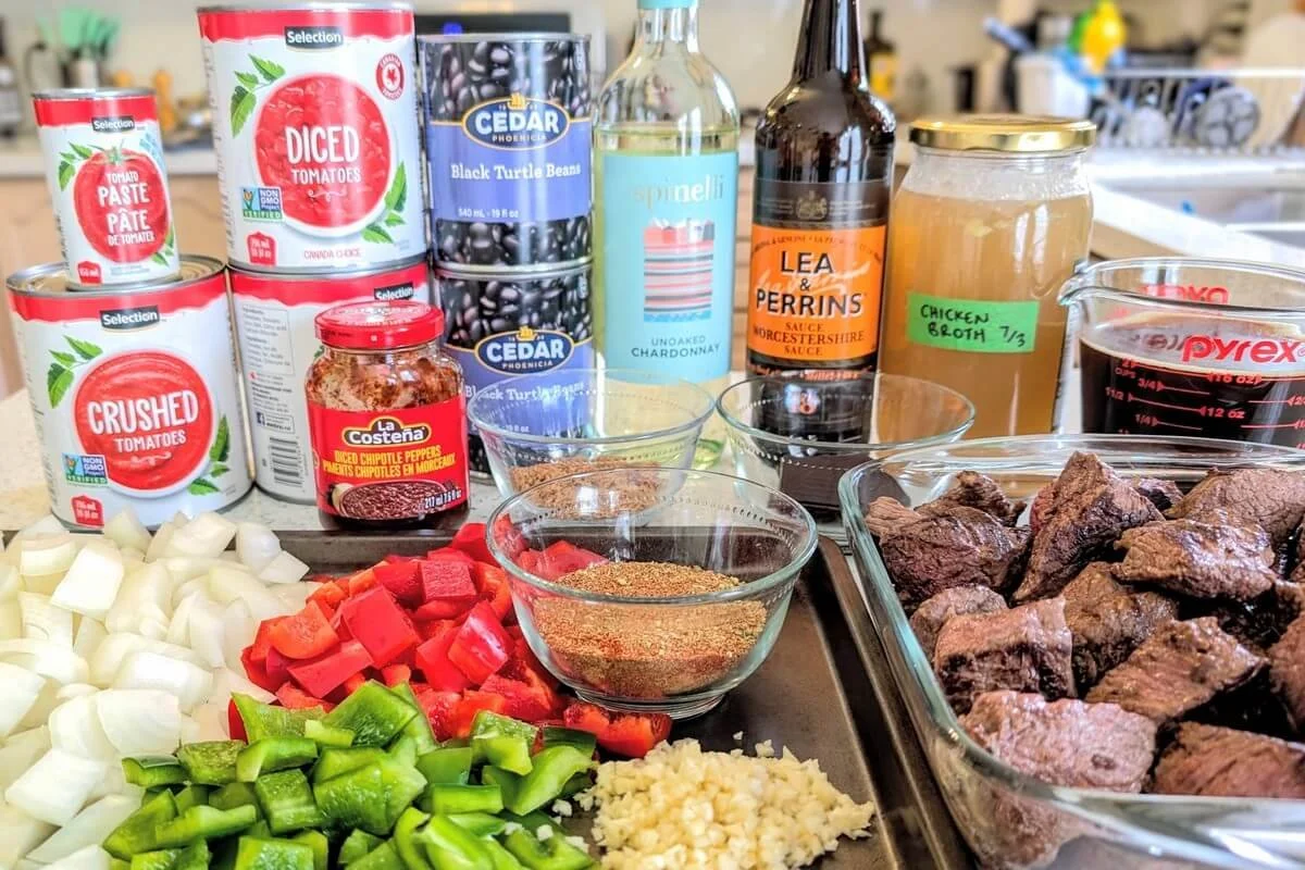 Chili con carne ingredients on a kitchen counter