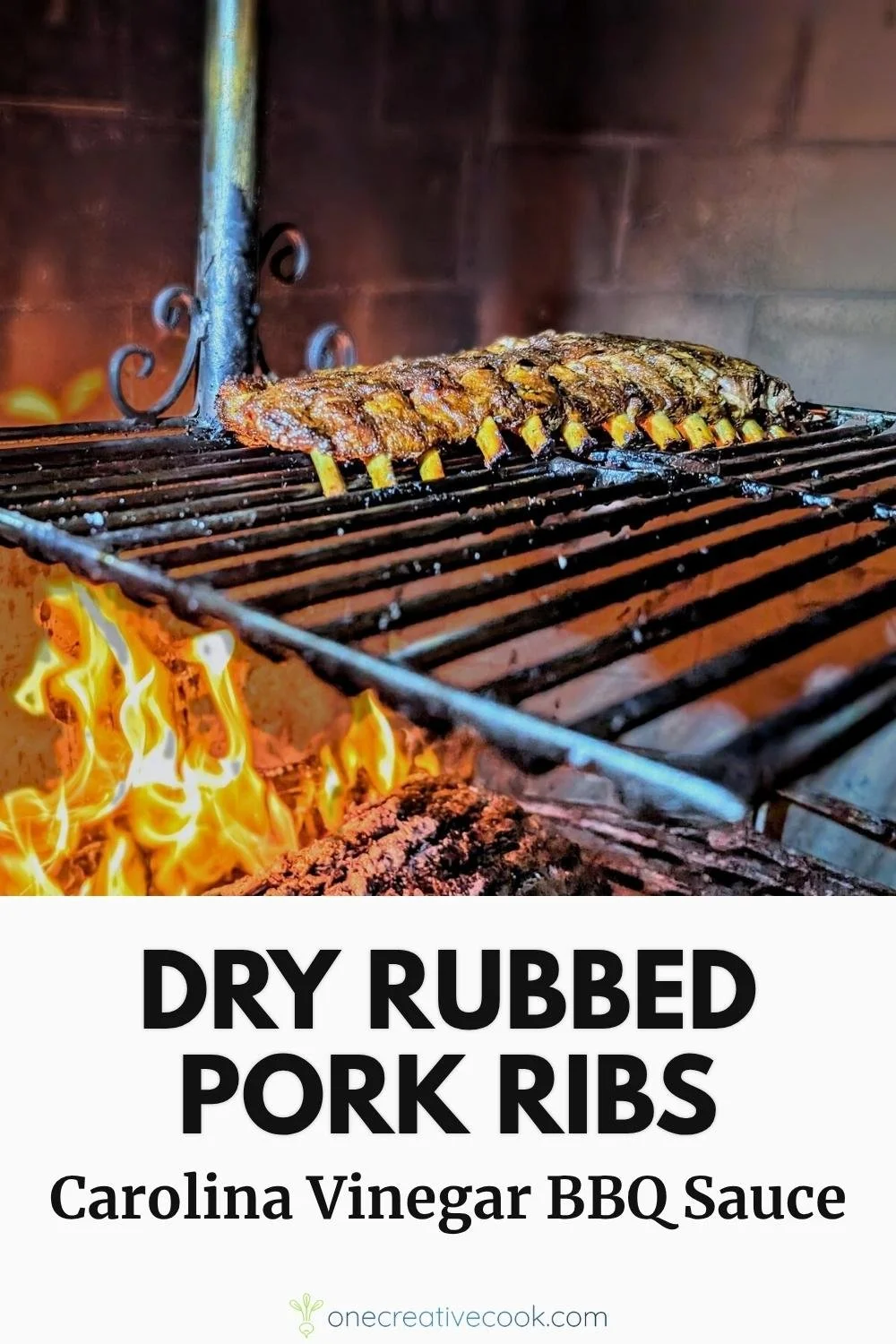 Dry rubbed pork ribs with Carolina style vinegar sauce cooking over a wood-burning fire