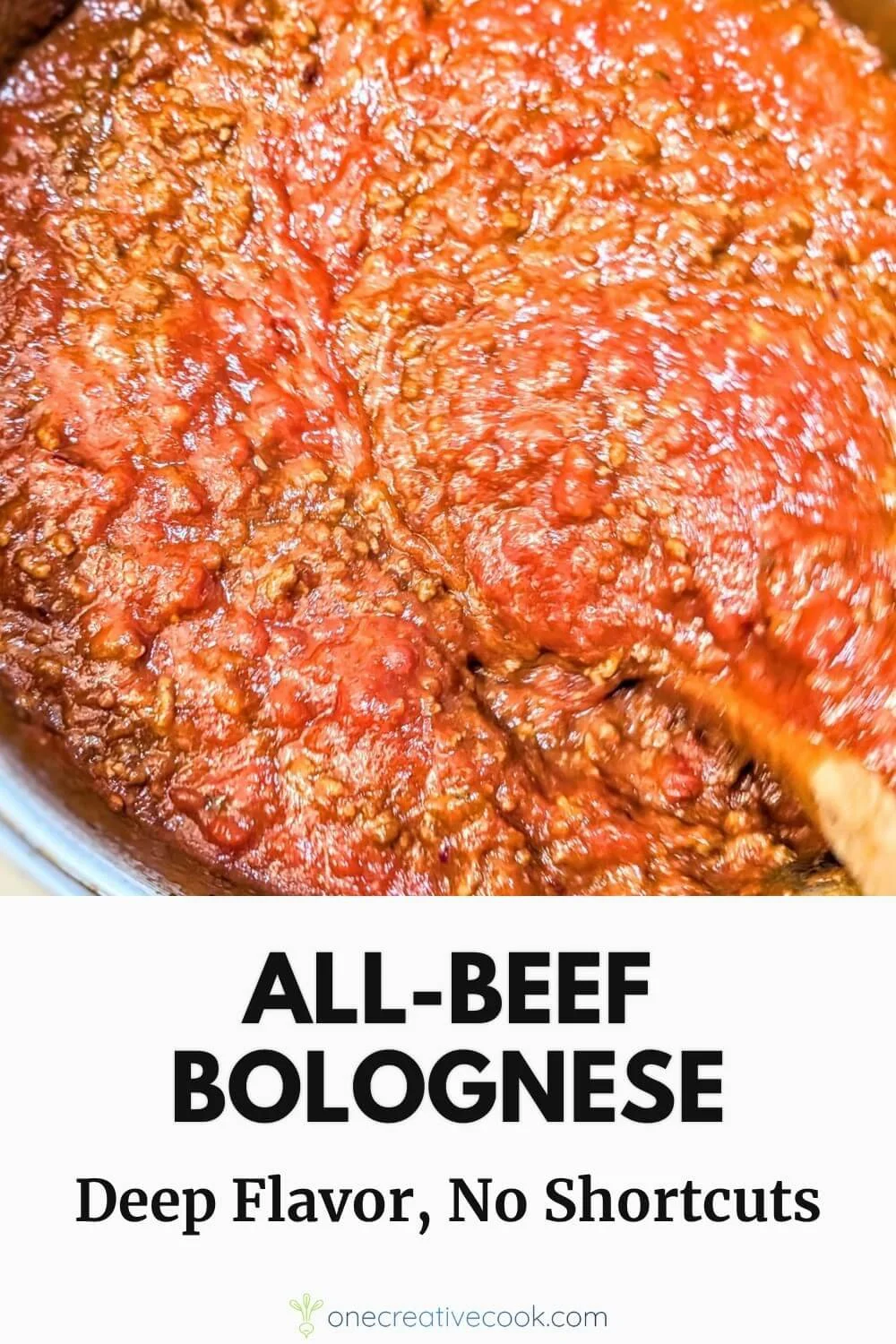 All beef bolognese sauce being stirred in a pot