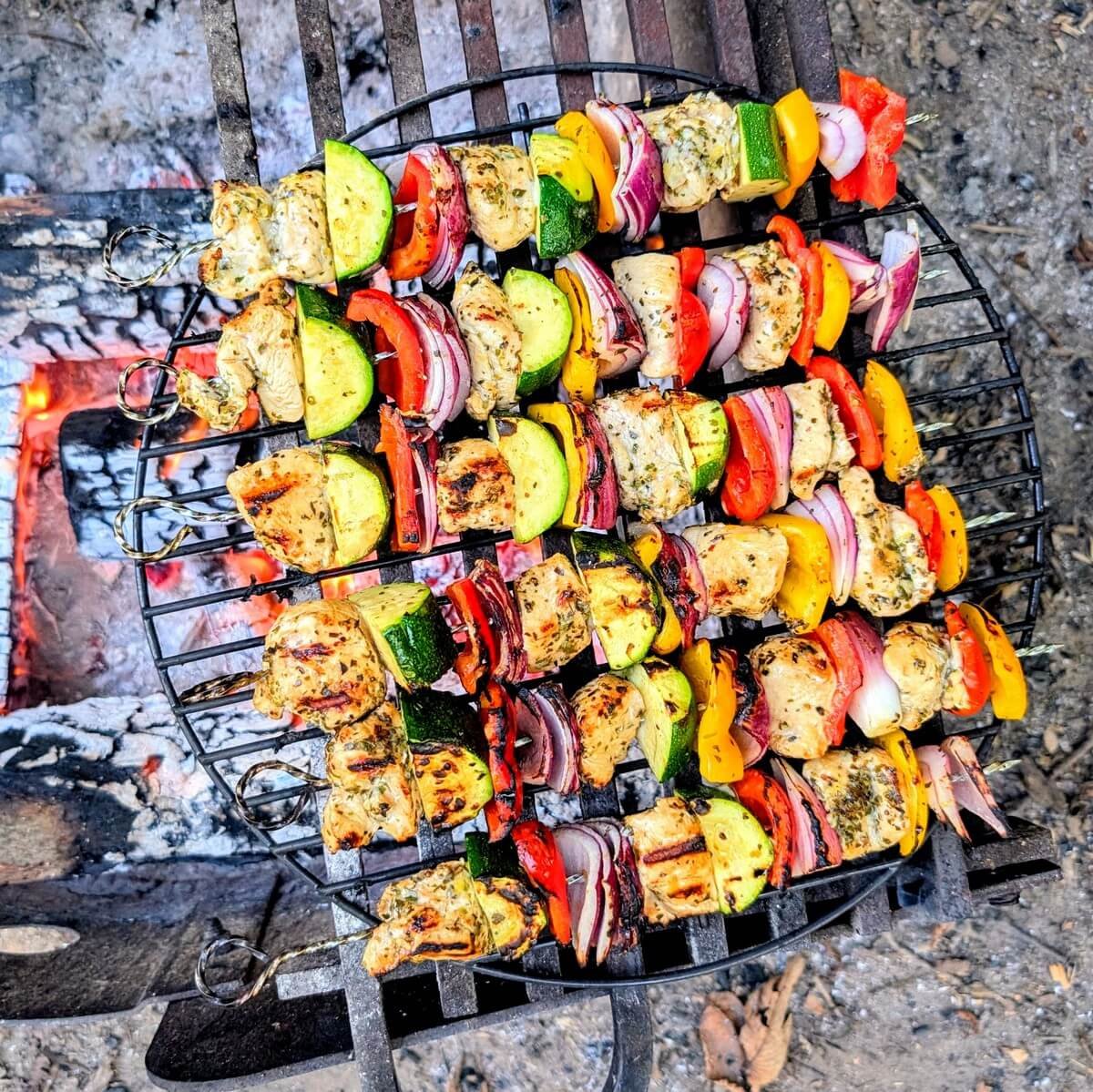 Greek chicken skewers for camping grilling over a wood fire on a metal grate