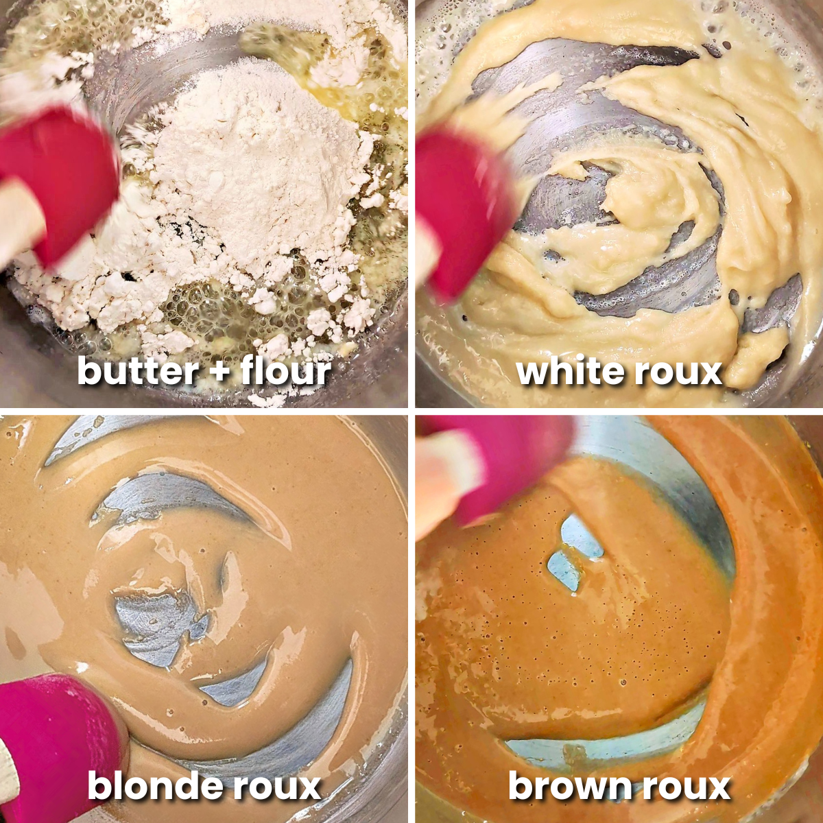 Stages of making roux from butter and flour through white, blond, and brown roux