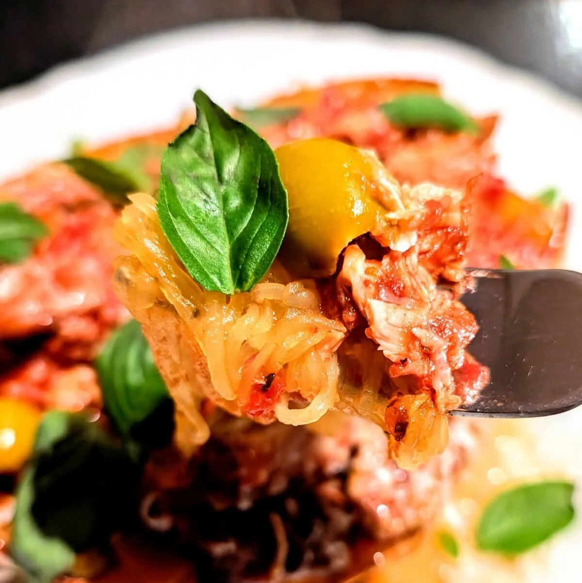 A close-up of forkful of turkey cacciatore with spaghetti squash, basil, green olive, and a chunk of braised turkey in rich tomato sauce