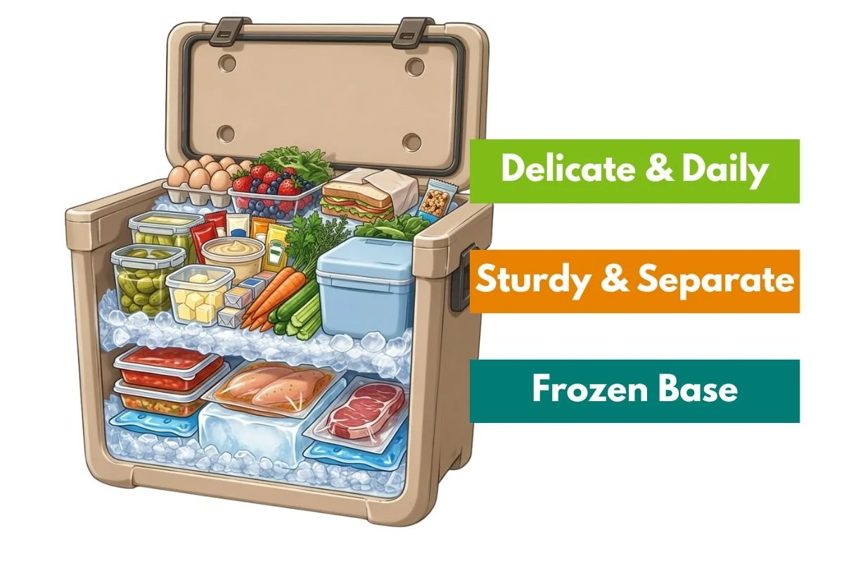 Illustrated diagram of how to pack a cooler for camping, showing top, middle, and bottom layers with food and ice placement