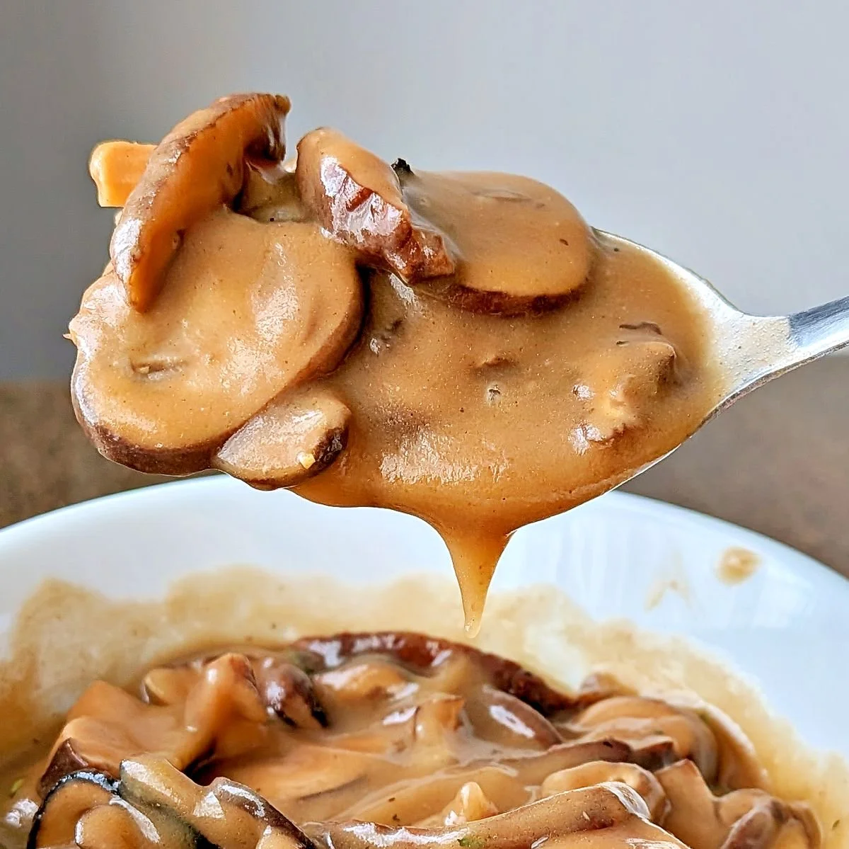 Mushroom gravy thickened with a brown roux