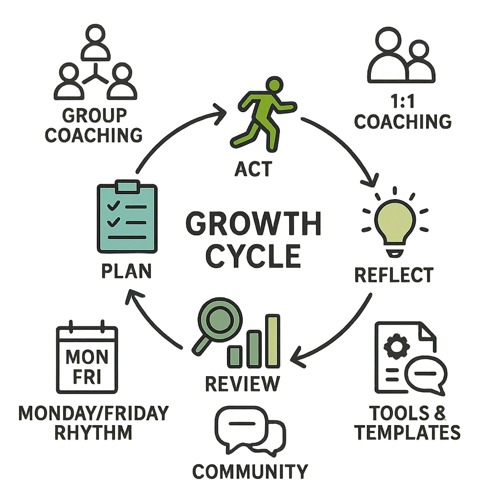 A visual diagram illustrating the growth cycle process, including steps like planning, reviewing, action, reflecting, and coaching, with related icons for group coaching, personal coaching, tools and templates, community, and calendar days Monday to Friday.