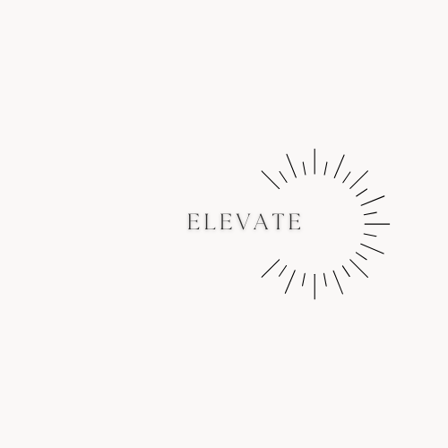 The word "ELEVATE" next to a circular design with radial lines on a white background.