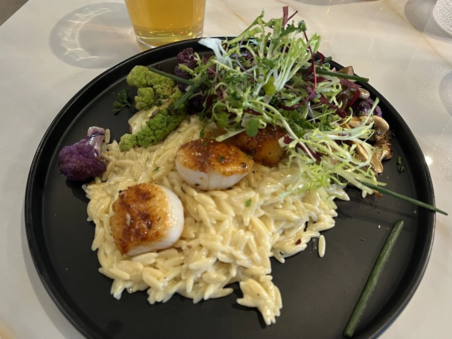 Wild Mushroom and Cauliflower Orzo with Scallops