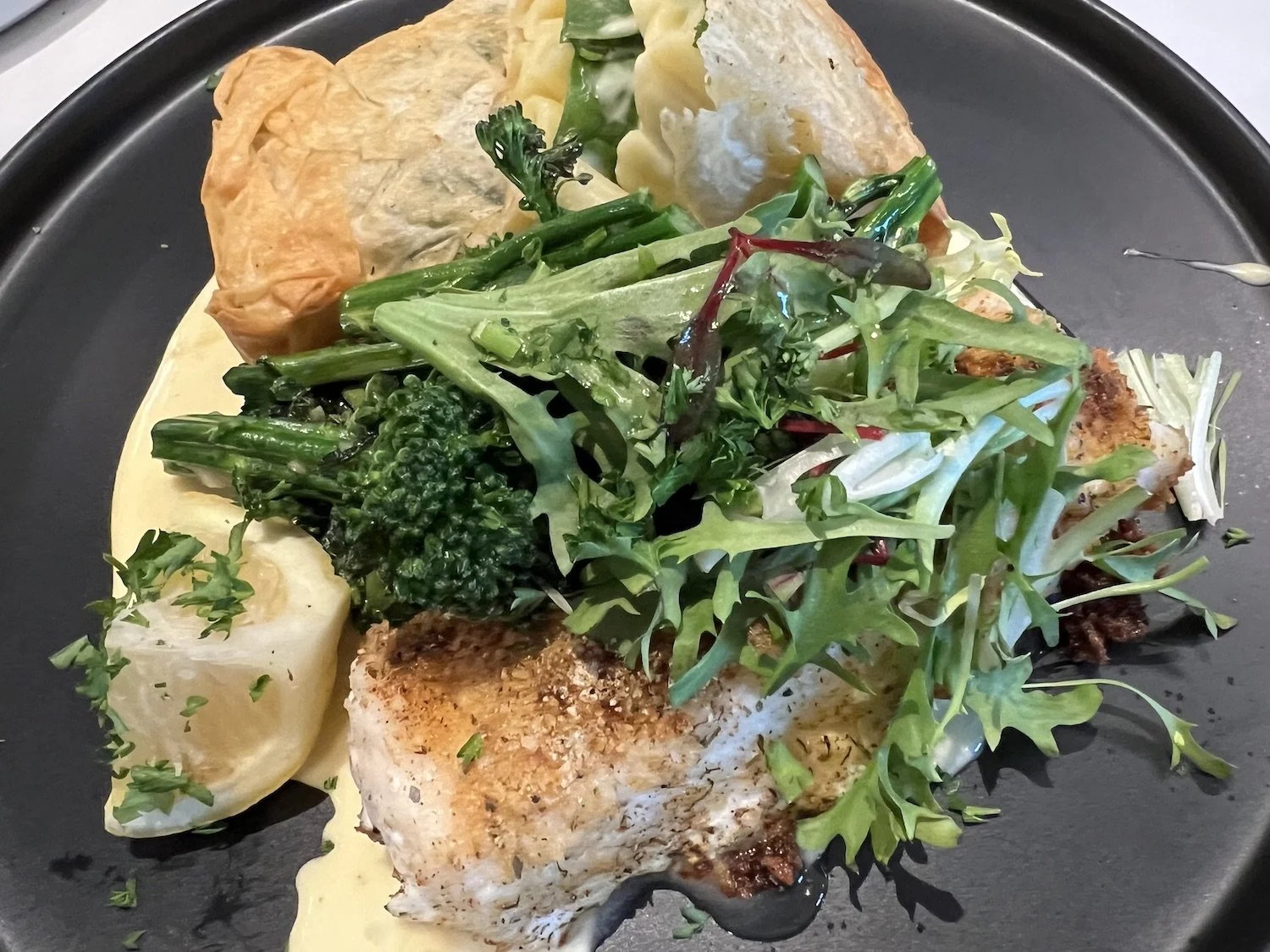 Herb Crusted Cod and Mac n Cheese Style Spanakopita