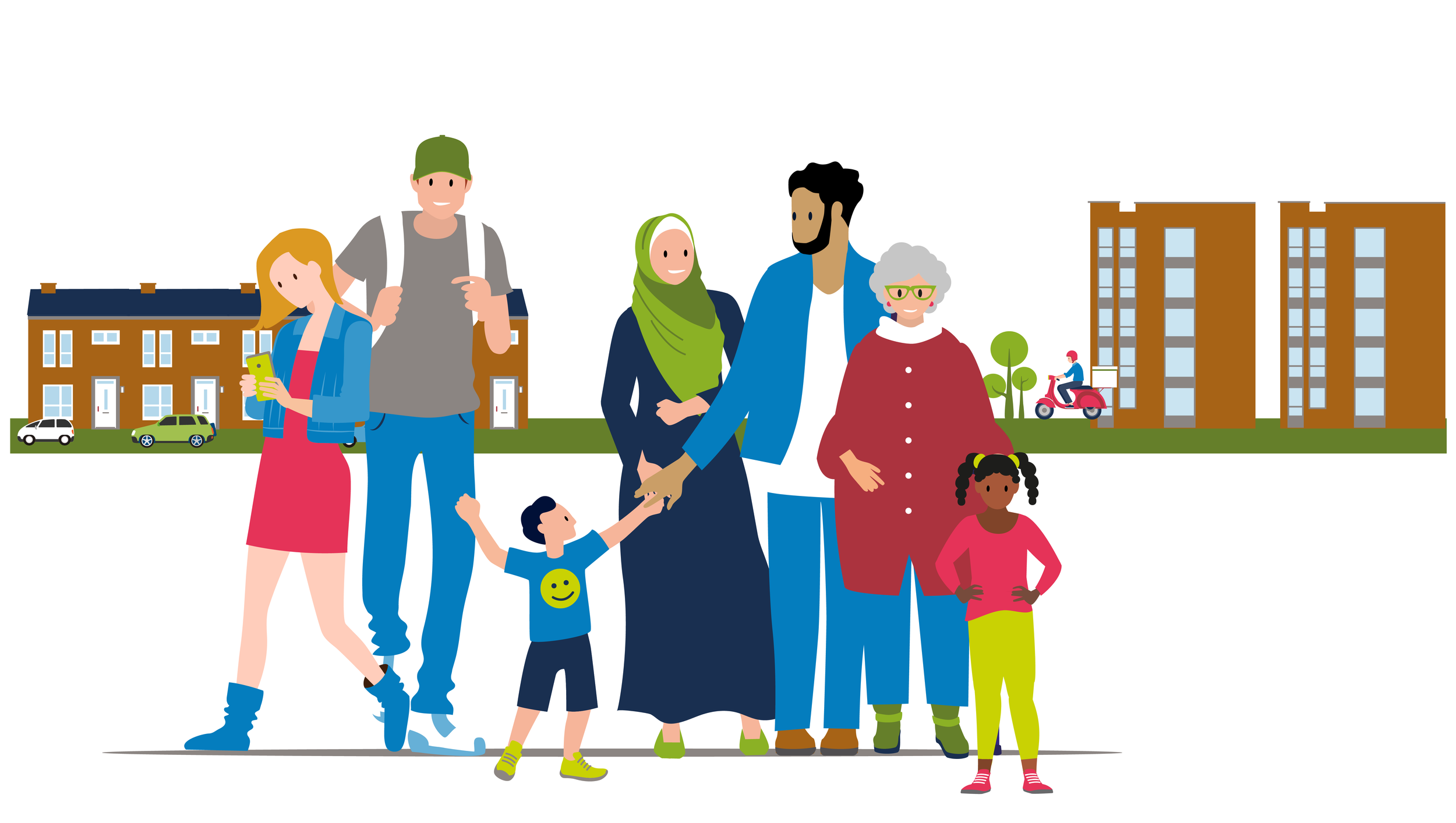Illustratie van mens-typen die in de wijk kunnen wonen, conform huisstijl van het Nederlands Jeugdinstituut