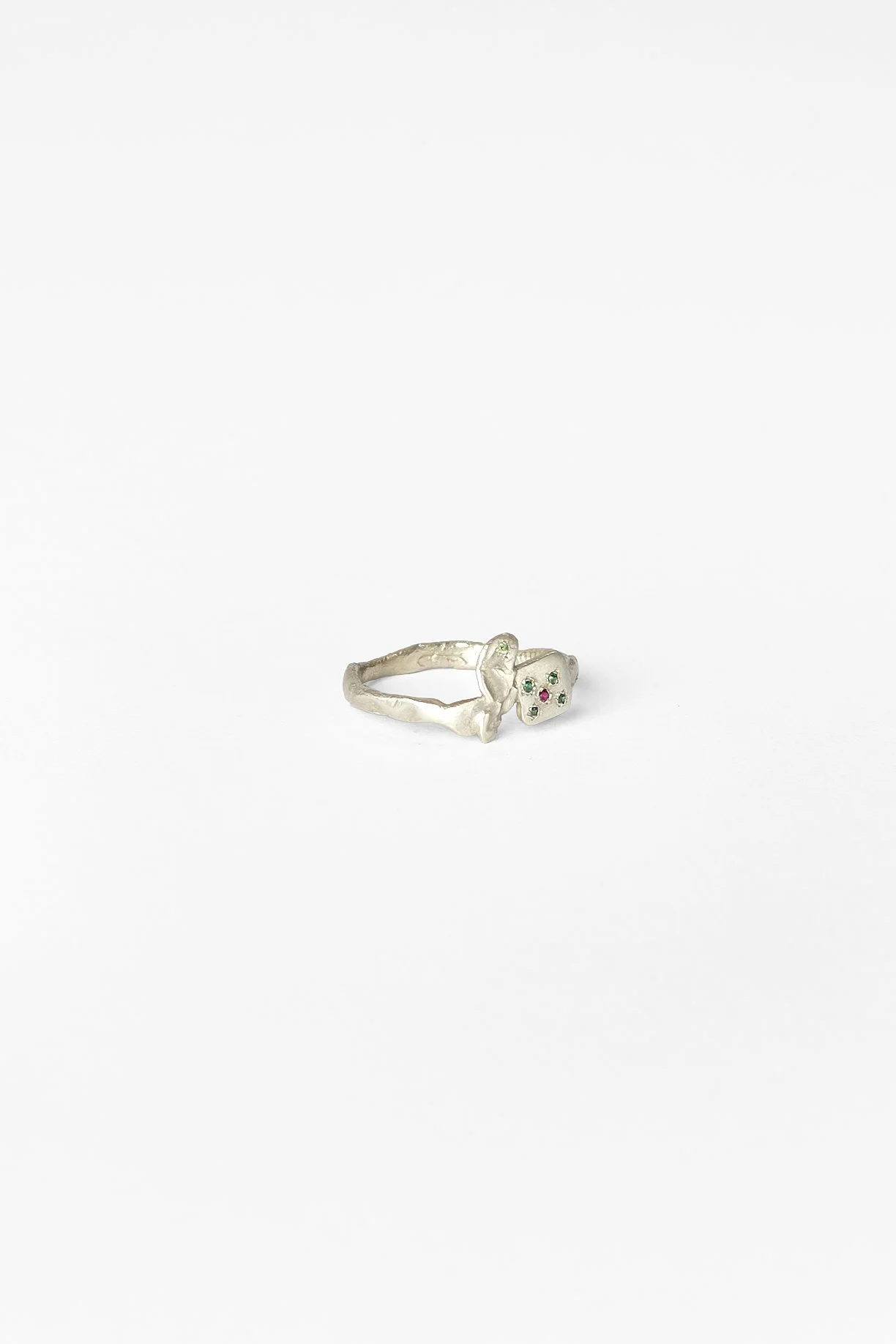 7. Audrey Tan, ‘mysterious guest’, 2026
Recycled sterling silver, lab grown gemstones (corundum, cubic zirconia), approx. size O. Price: $350