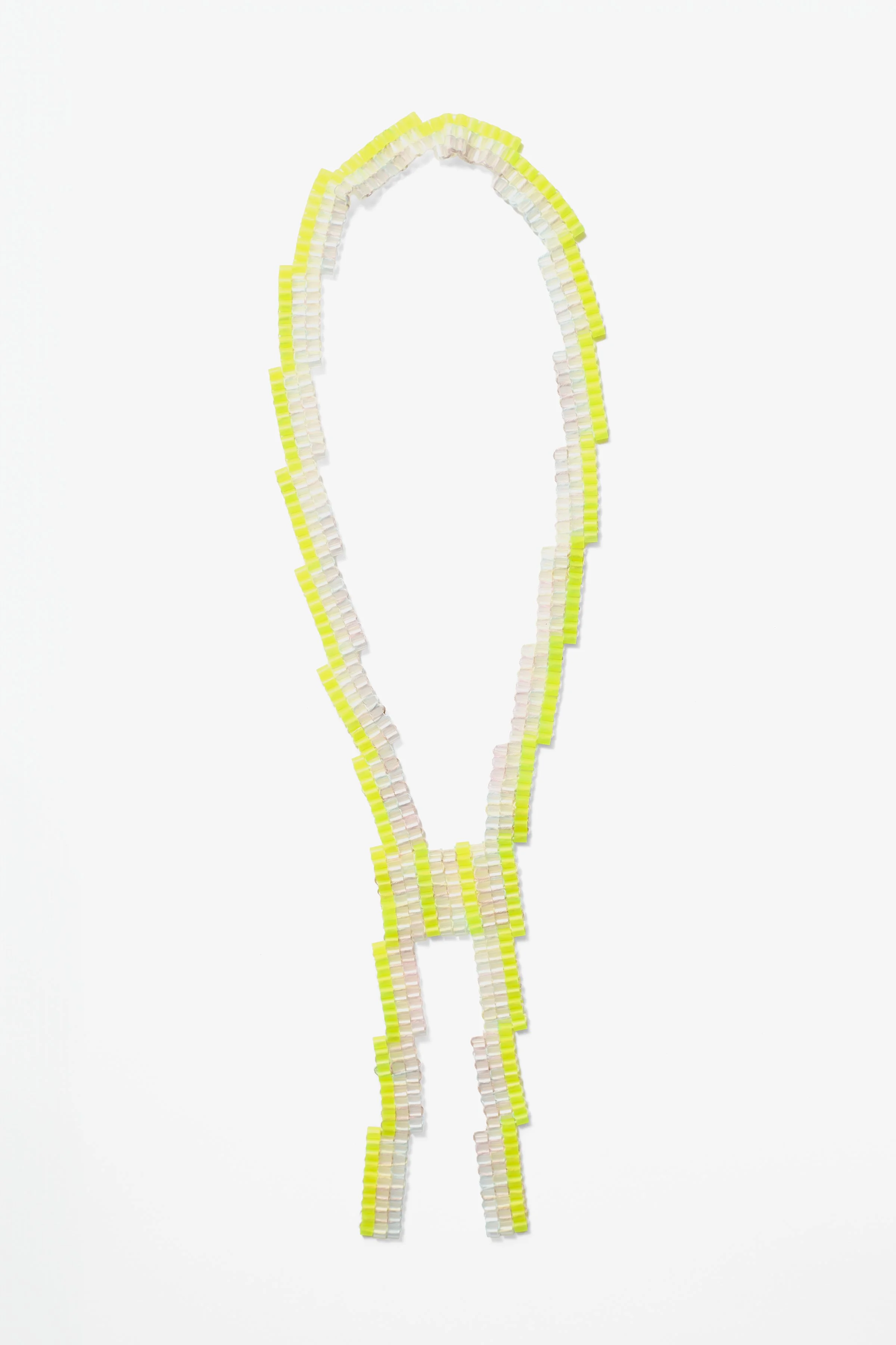 60. Eli Gianinni, ‘Fluro Series #1 Zig-Zag Pendant’, 2026, plastic beads and cotton thread, necklace 32cm, pendant 16.5x6x.3cm. Price: $350