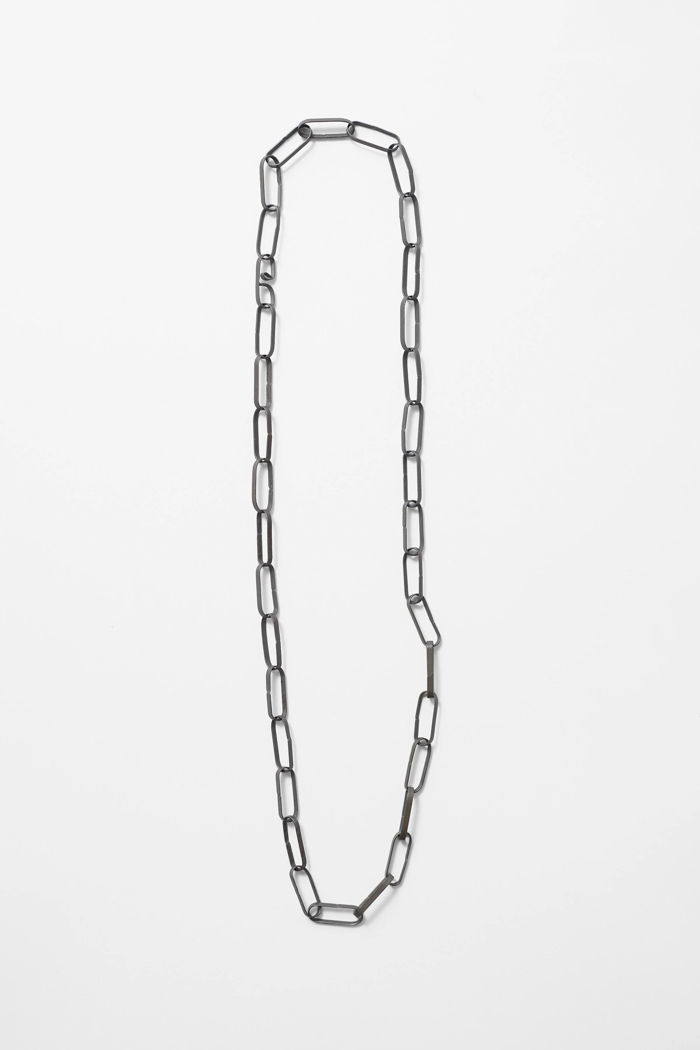 54. Melissa Cameron, ‘rcw... #1 Sandblasted Chain’, 2023, found steel street sweeper blades, sandblasted finish. 30 links, 1x7.5cm chain. Price: $480