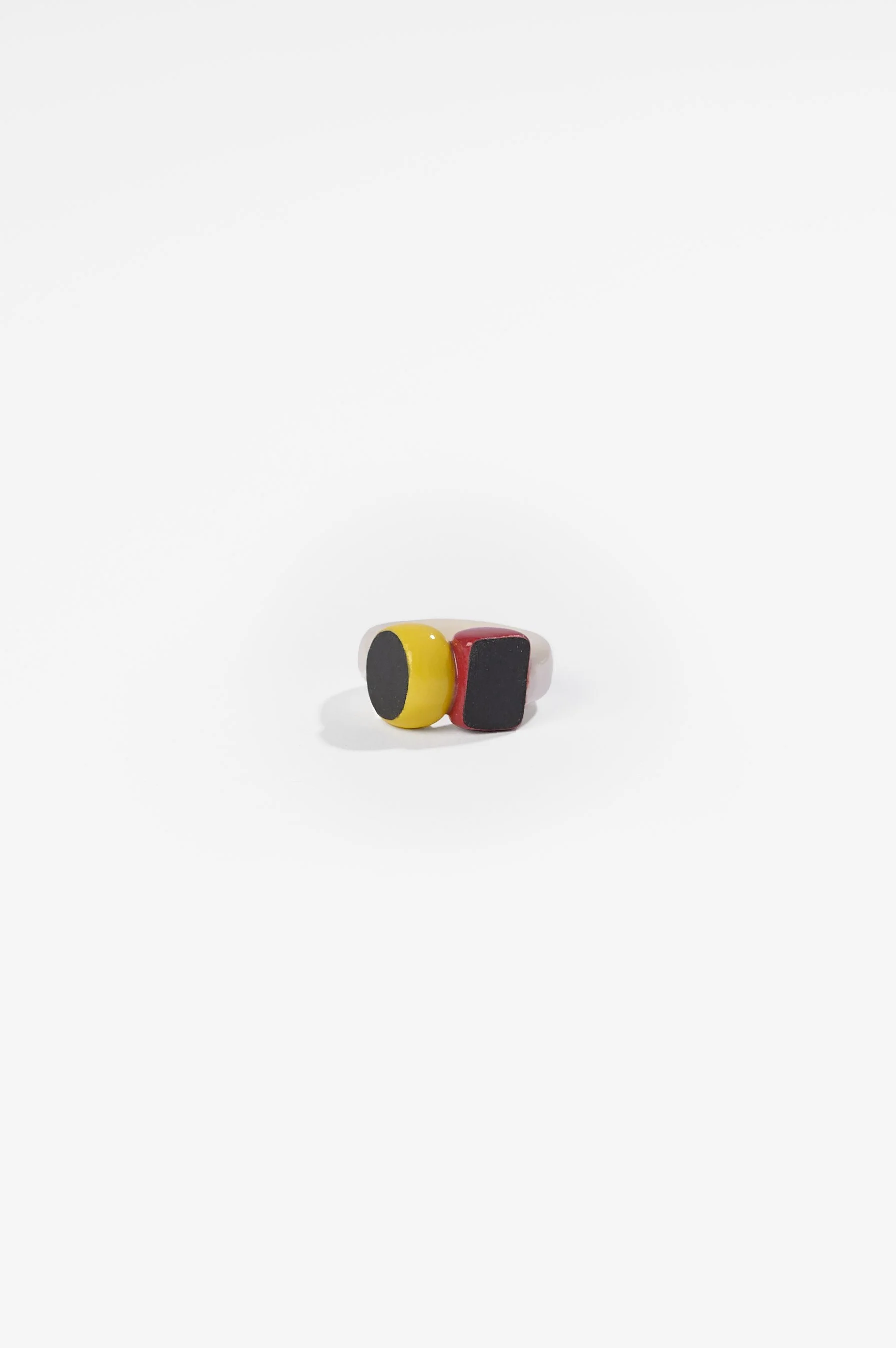 Manon van Kouswijk, Rings for Found Hands (red, yellow, black and white), porcelain, dimensions vary per ring, 2026, $590 each. Photography: Ross Coulter