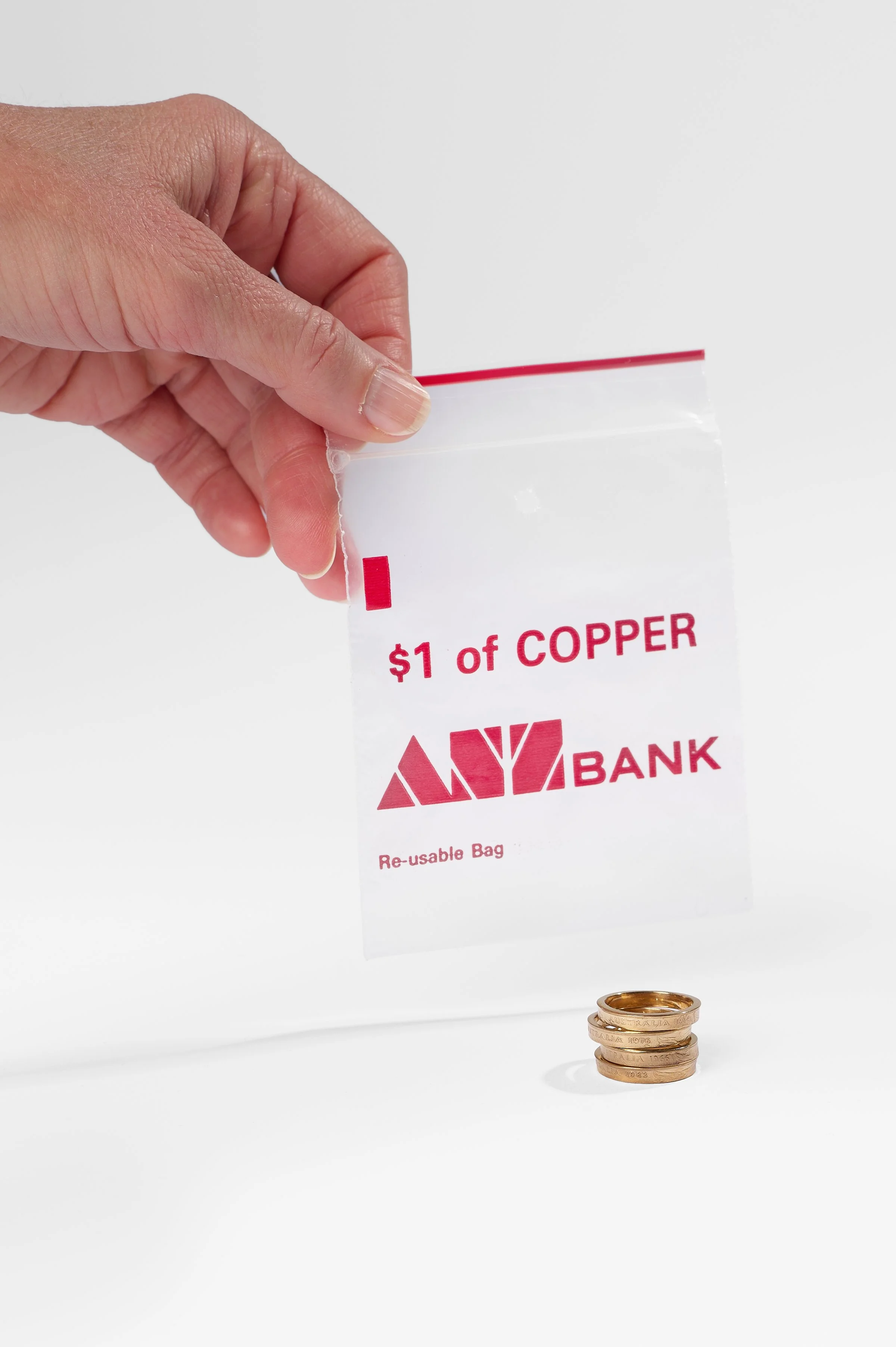 Sarah Ross, Recession rings 2.0, copper 2 cent coin, 24ct gold plate, various dates and sizes available, 2026, $290 each. Photography: Ross Coulter