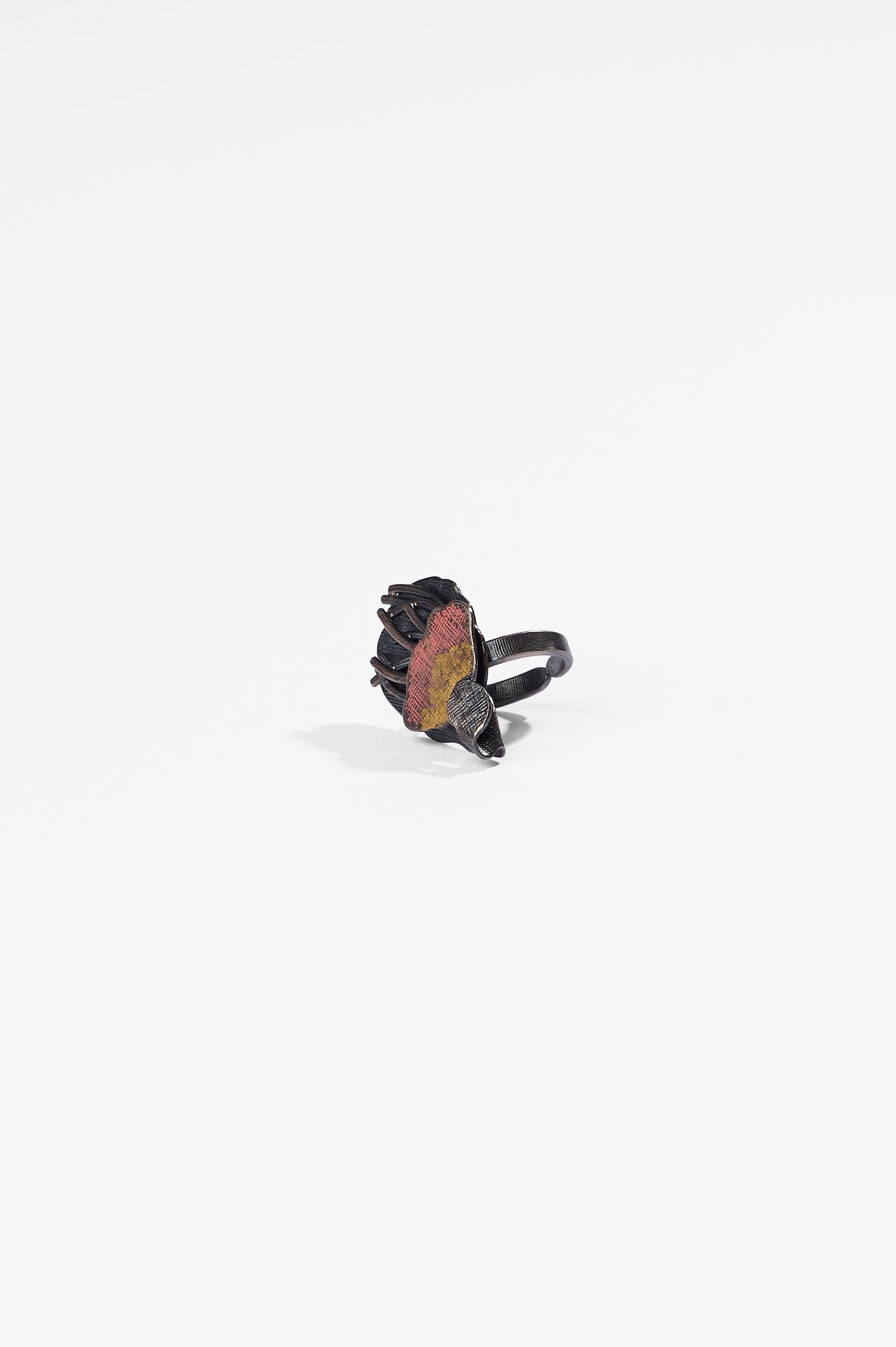 Yuko Fujita, Pressed Flower series, Gum single flower, size M+, approx. 3.5 x 2.5 cm, sterling silver, enamel paint and pure gold leaf on enamel paint (please note paints will, and are intended to, fade over time to take on a new appearance), $2,500.