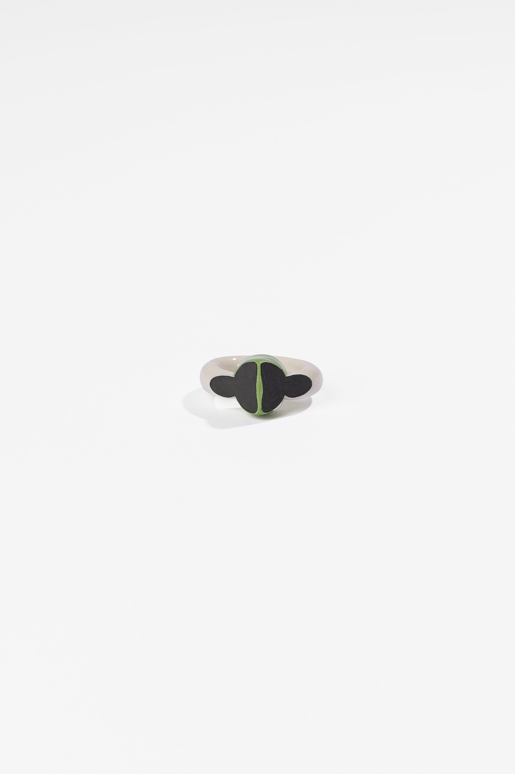 Manon van Kouswijk, Rings for Found Hands (light green, black and white), porcelain, dimensions vary per ring, 2026, $590 each. Photography: Ross Coulter