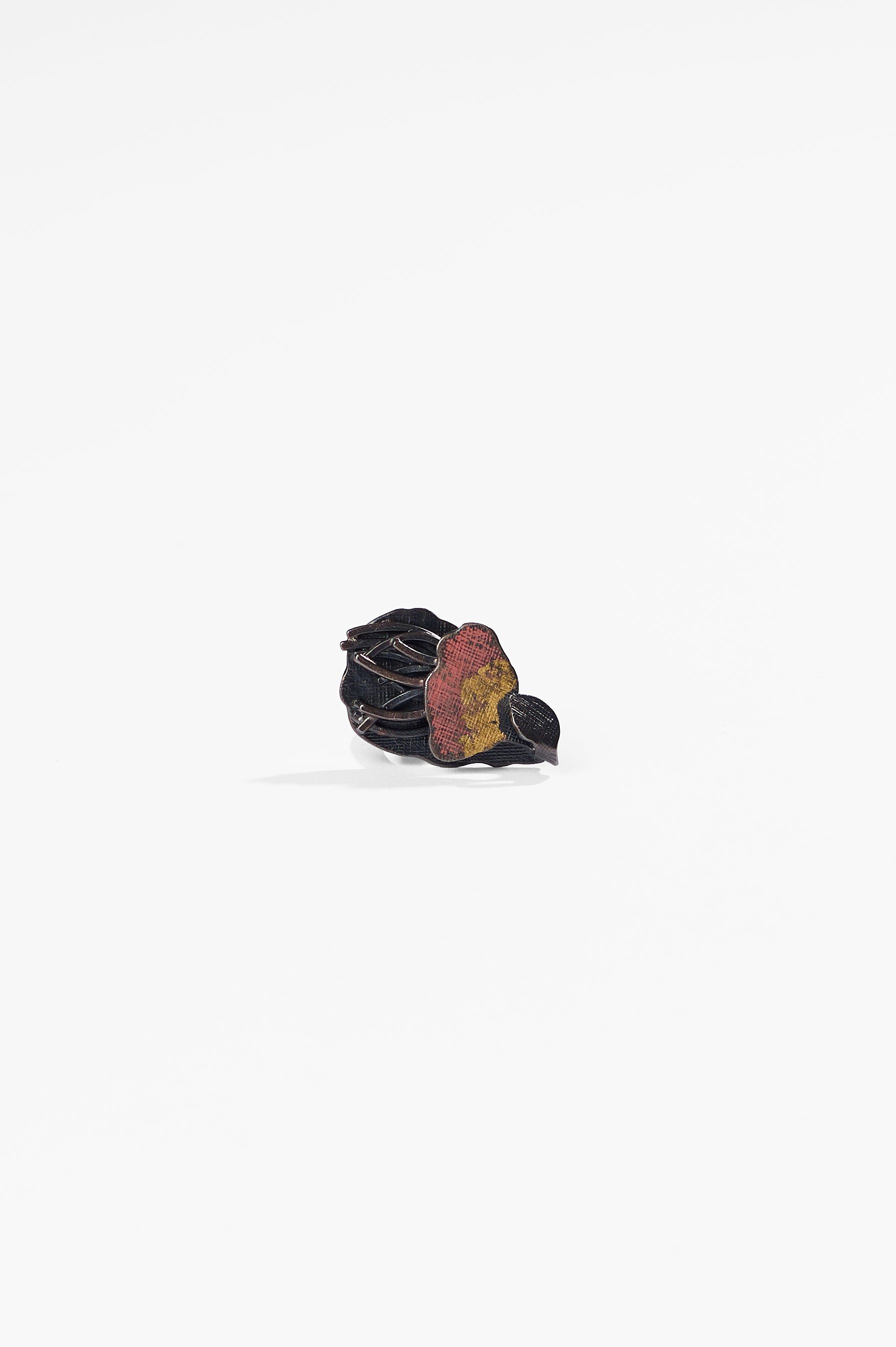 Yuko Fujita, Pressed Flower series, Gum single flower, size M+, approx. 3.5 x 2.5 cm, sterling silver, enamel paint and pure gold leaf on enamel paint (please note paints will, and are intended to, fade over time to take on a new appearance), $2,500.