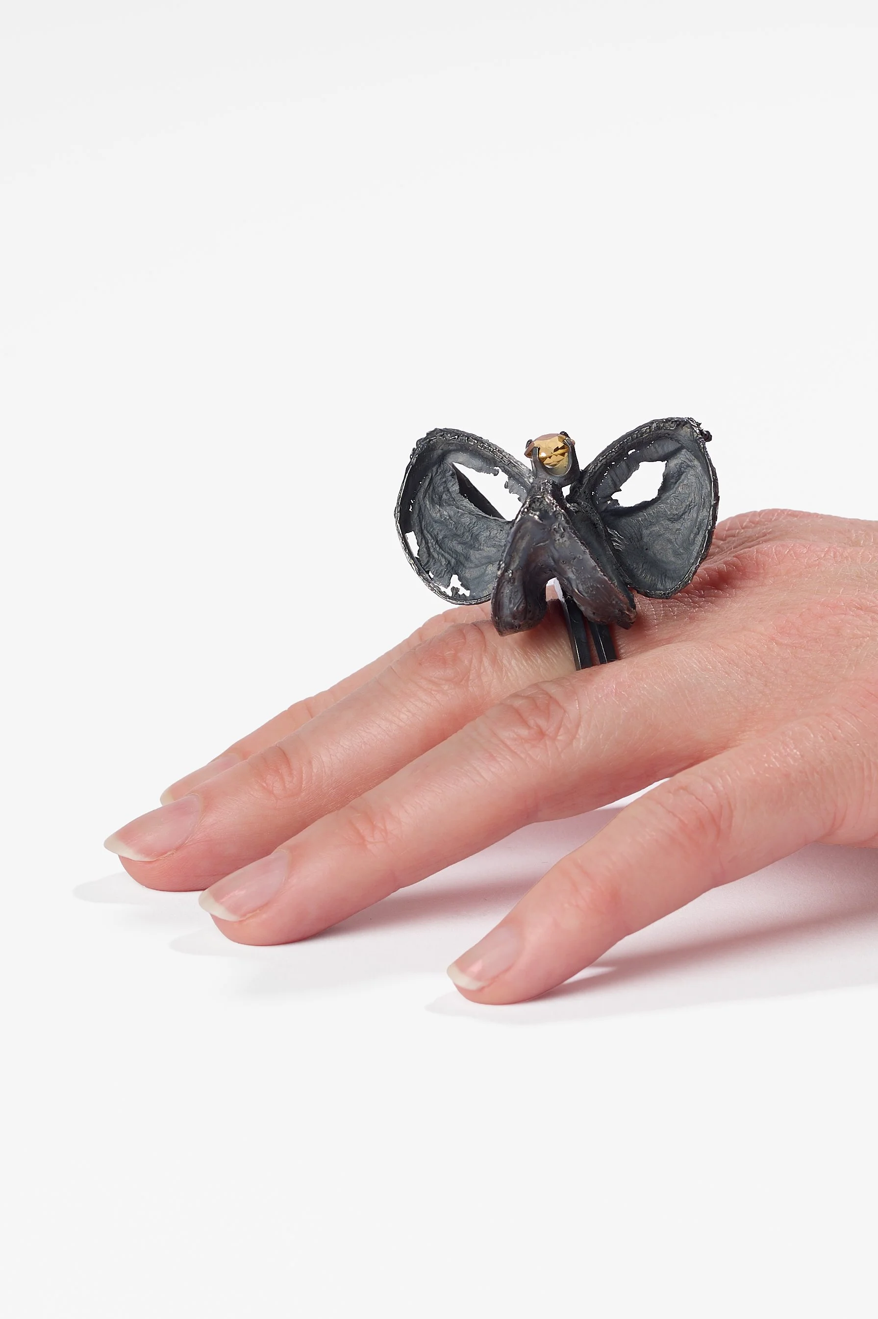 Juliette Claire, Hippeastrum seed pod ring, oxidised sterling silver with Citrine, dimensions variable, 2025, $2,300. Photography: Ross Coulter