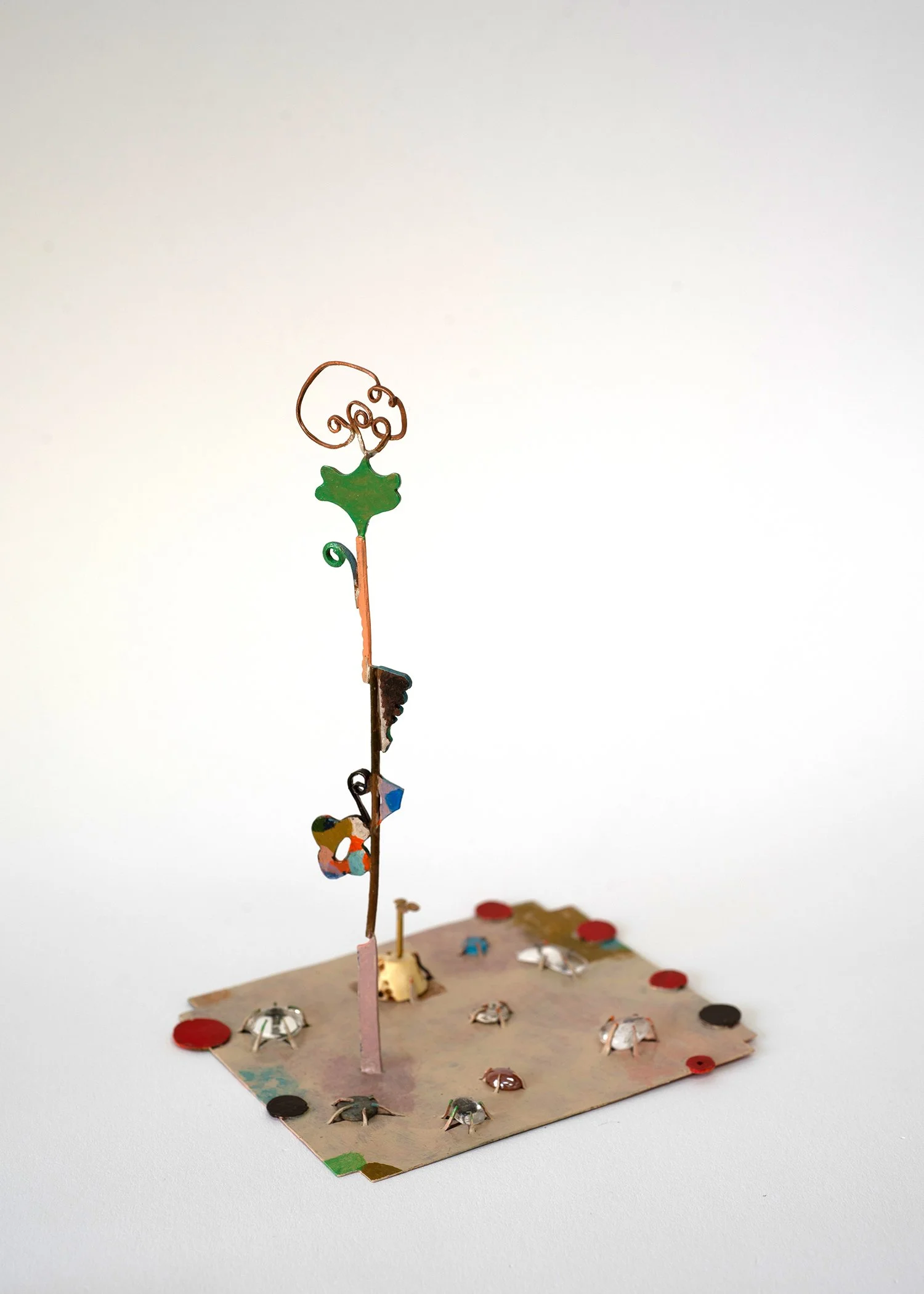 92. Audrey Tan, ‘Crying over angels’, copper, silver solder, acrylic paint, glass, lemon tree wasp gall, steel, pewter, plastic, 2025, 15x9x11cm. Price: $660
