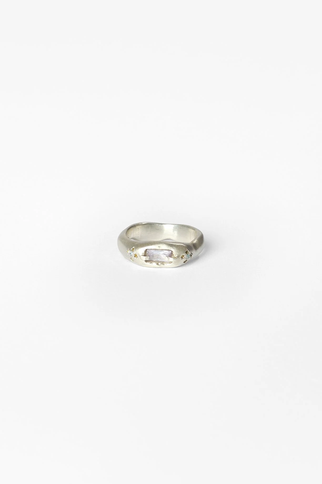 1. Audrey Tan, ‘silken tofu’, 2025 
recycled sterling silver, cubic zirconia, moissanite, approx. size K ½. Price: $450
