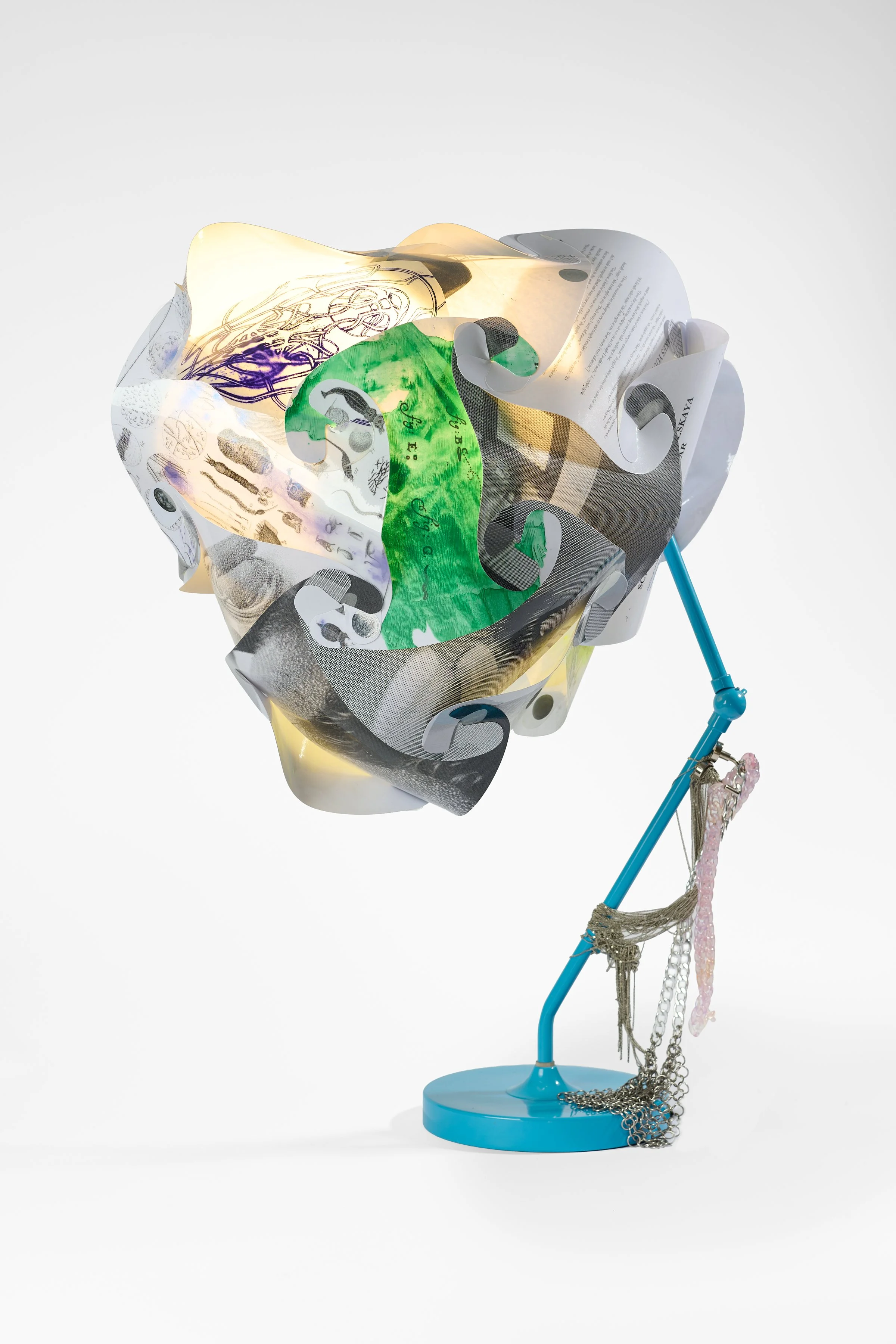 87. Debris Facility Pty Ltd, ‘PlastiCorpus 2.6’, 2024–2026, found Light fixtures, replica ‘IQ lampshades’ (processed digital images, laminated printed paper, tattoo transfer paper c/o Dreambod Remit, text via Holly Childs) laminated plastic, PVA glue