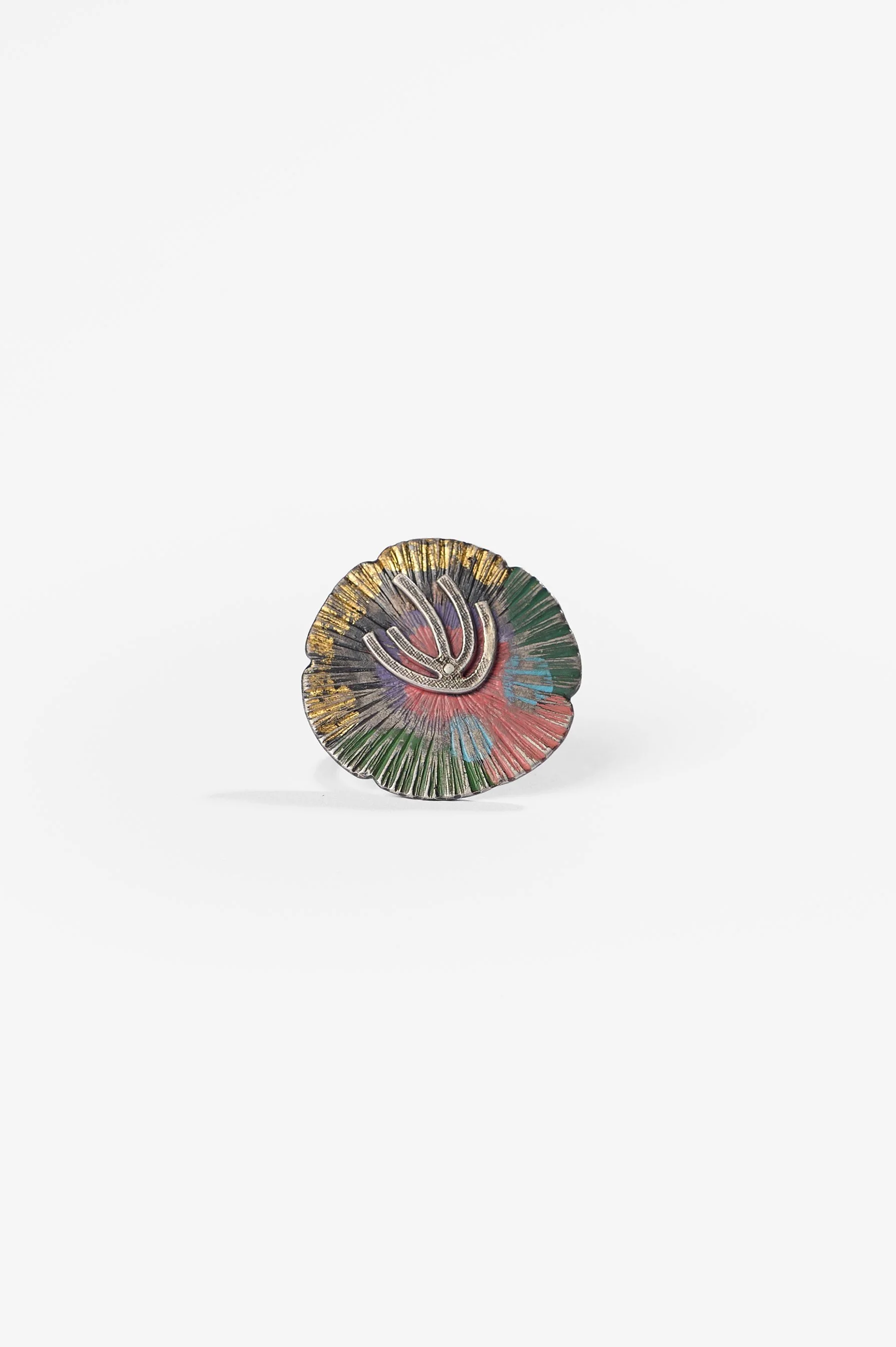 Yuko Fujita, Pressed Flower series, Gum single flower, size M+, approx. 3.5 x 2.5 cm, sterling silver, enamel paint and pure gold leaf on enamel paint (please note paints will, and are intended to, fade over time to take on a new appearance), $2,300.