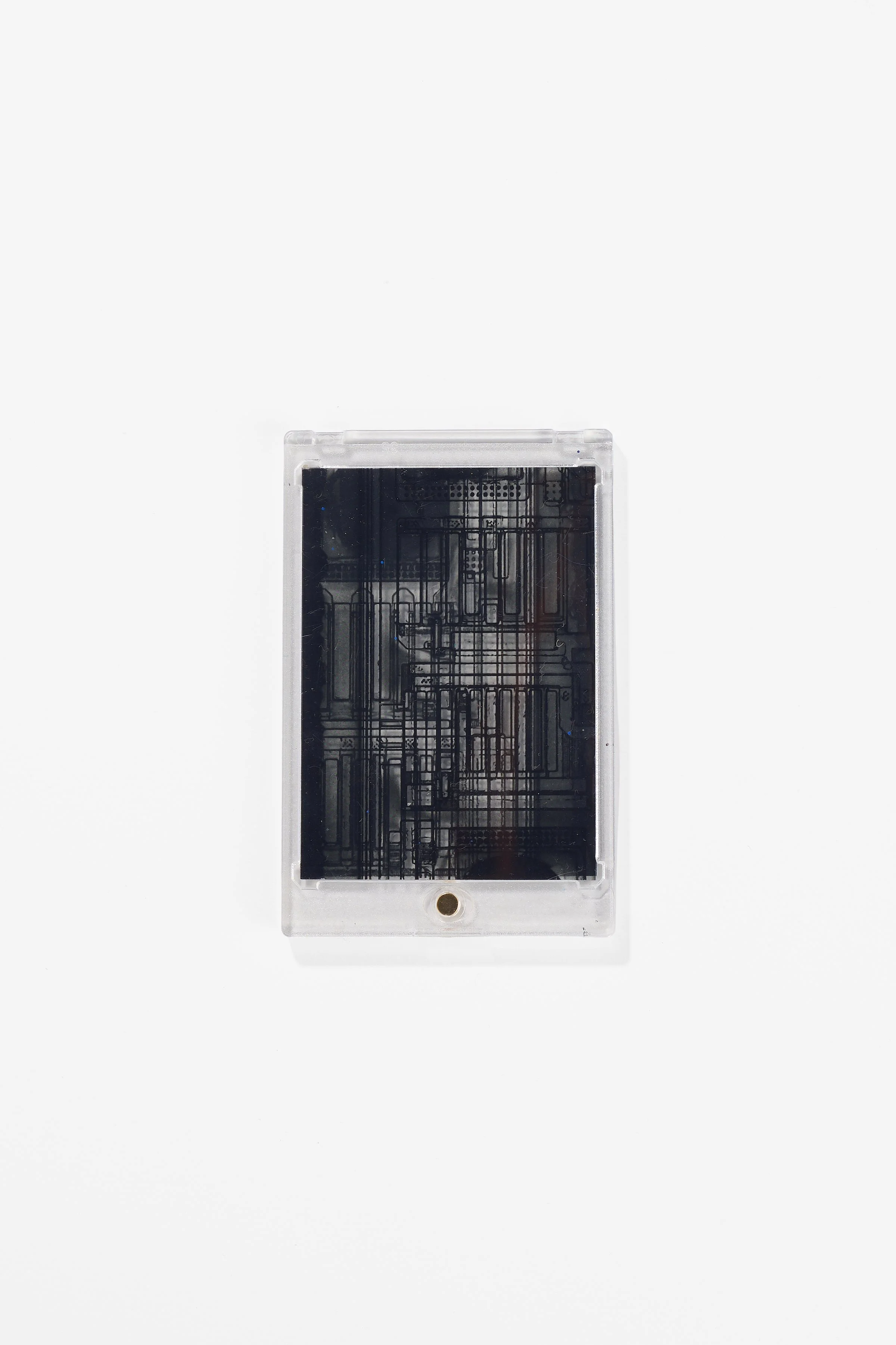 Debris Facility, Capsule Collapsing, oxidised silver, surgical stainless steel, aluminium, 3D printed nylon, anodised stainless steel, printed acetate, mirror frame, acrylic display, acrylic paint, iridescent pigment, 2026. Mirror (26x 22x 5cm) and c