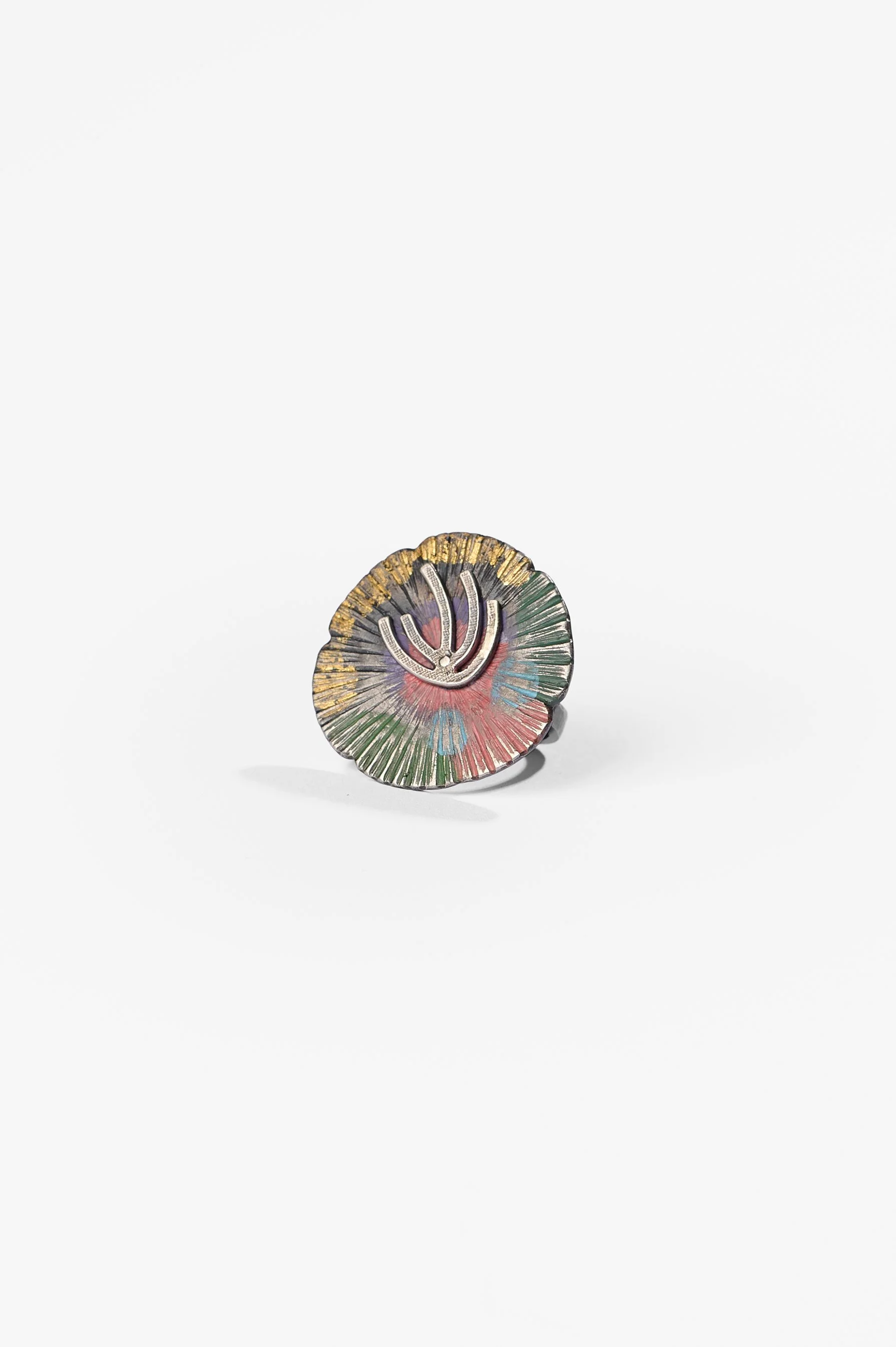 Yuko Fujita, Pressed Flower series, Gum single flower, size M+, approx. 3.5 x 2.5 cm, sterling silver, enamel paint and pure gold leaf on enamel paint (please note paints will, and are intended to, fade over time to take on a new appearance), $2,300.