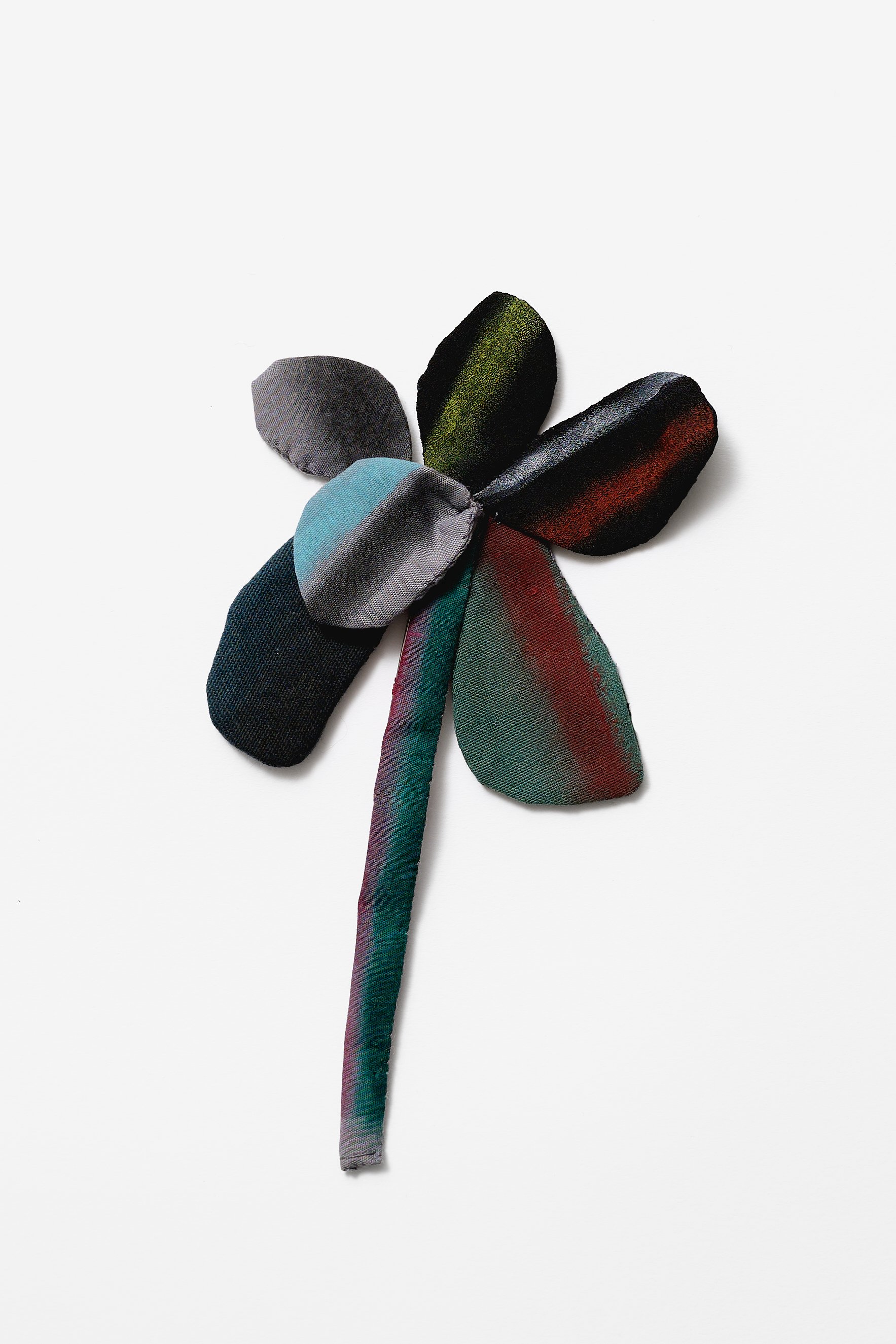 41. Peta Kruger, ‘Floral’ brooch, (grey, red, green, black, blue, yellow, long stem), 2026, paint on fabric, stainless steel, 16.5x8.5x1cm. Price: $310	