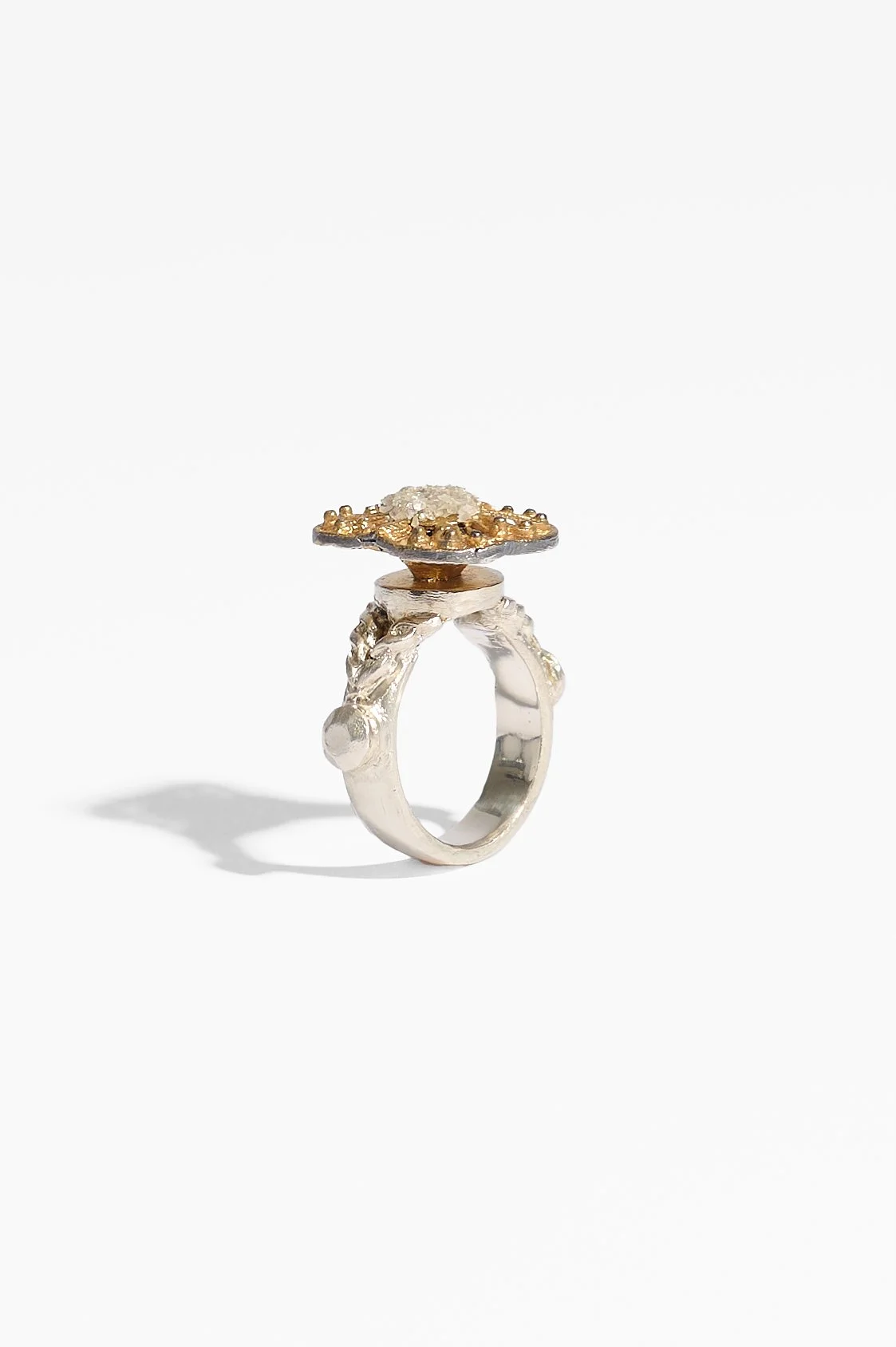 Laila Marie Costa, Untitled 20 (silver band square gold top with diamond powder), recycled sterling silver (oxidised & gold plated) and white diamond powder, 3 x 3.5 x 2cm, 13.6 grams, $1700. Photography: Ross Coulter