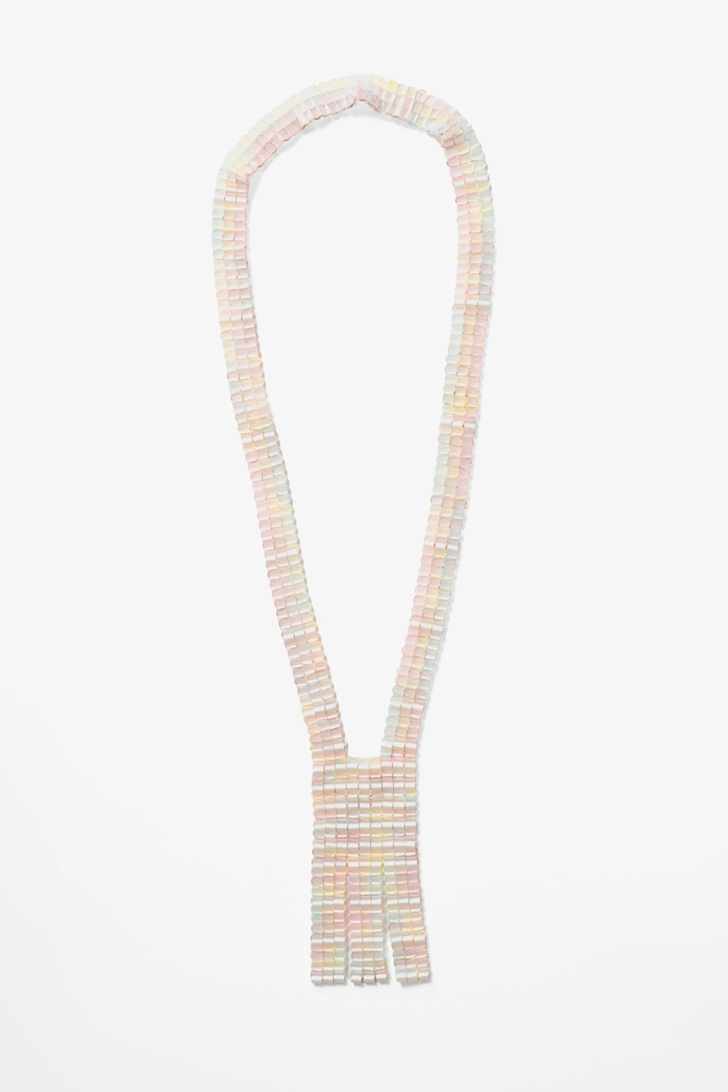 61. Eli Gianinni, ‘Moonbeam Series #3 Pearl, Stripes Pendant’, 2025, plastic beads and cotton thread, necklace 37cm, pendant 11.5x5x.3cm. Price: $350