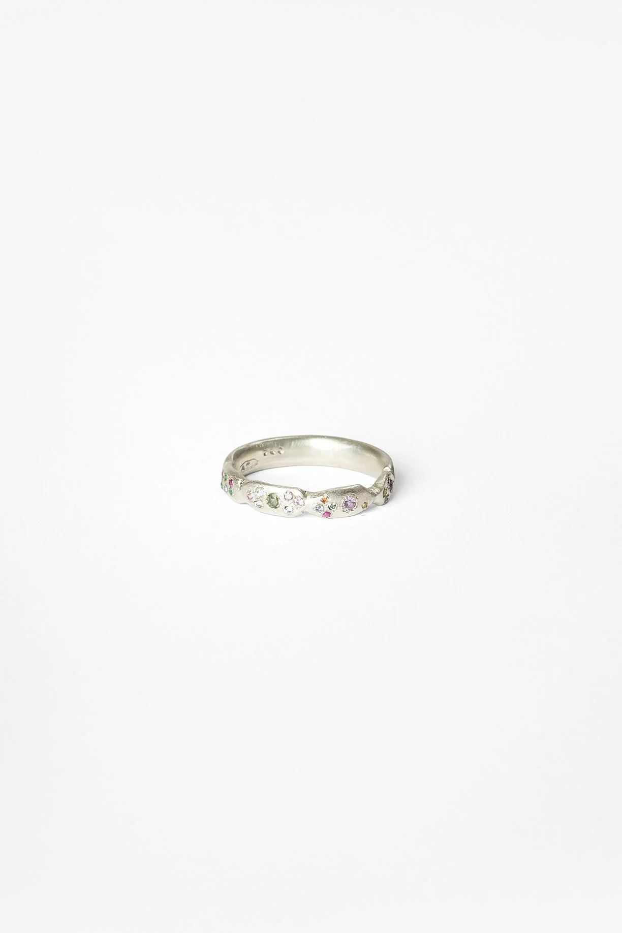 10. Audrey Tan, ‘crumbling footpath iii’, 2026
recycled sterling silver, lab grown gemstones (spinel, corundum, ruby, moissanite), tourmaline, approx. size P. Price: $450