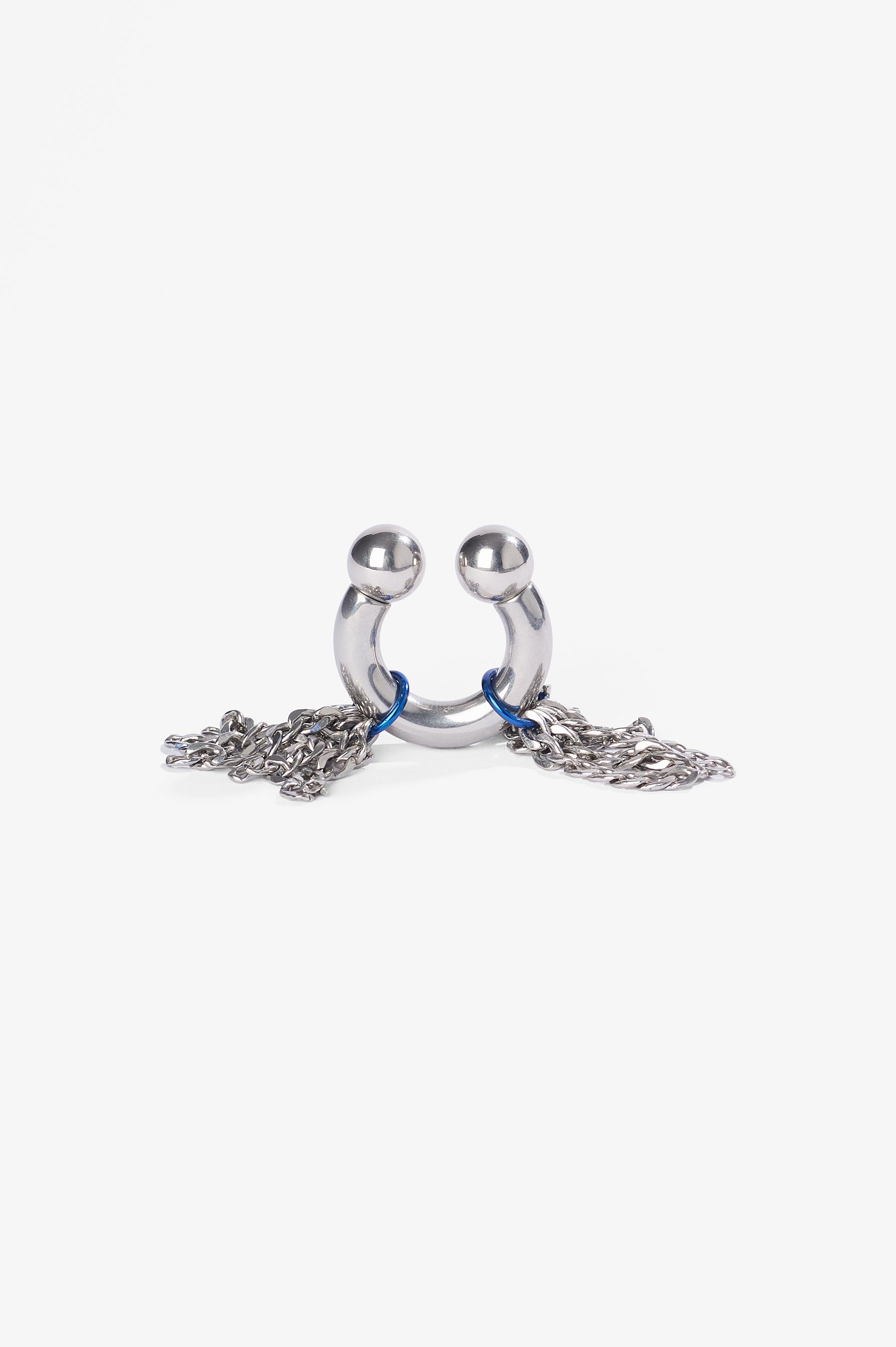 Debris Facility, Capsule Collapsing, oxidised silver, surgical stainless steel, aluminium, 3D printed nylon, anodised stainless steel, printed acetate, mirror frame, acrylic display, acrylic paint, iridescent pigment, 2026. Metal rings $365 each. Pho
