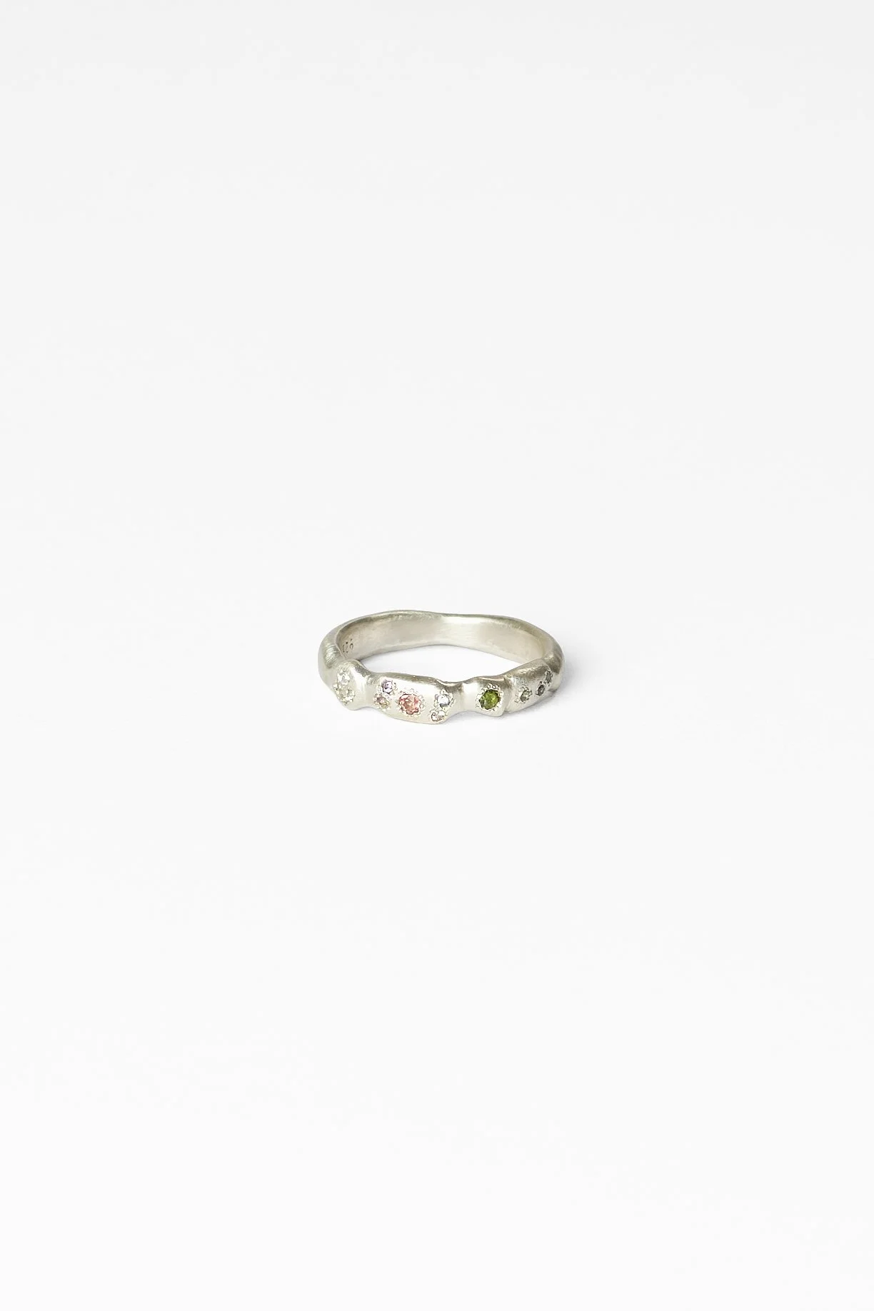 8. Audrey Tan, ‘crumbling footpath’, 2026
recycled sterling silver, lab grown gemstones (spinel, corundum, moissanite), tourmaline, approx. size O. Price: $450