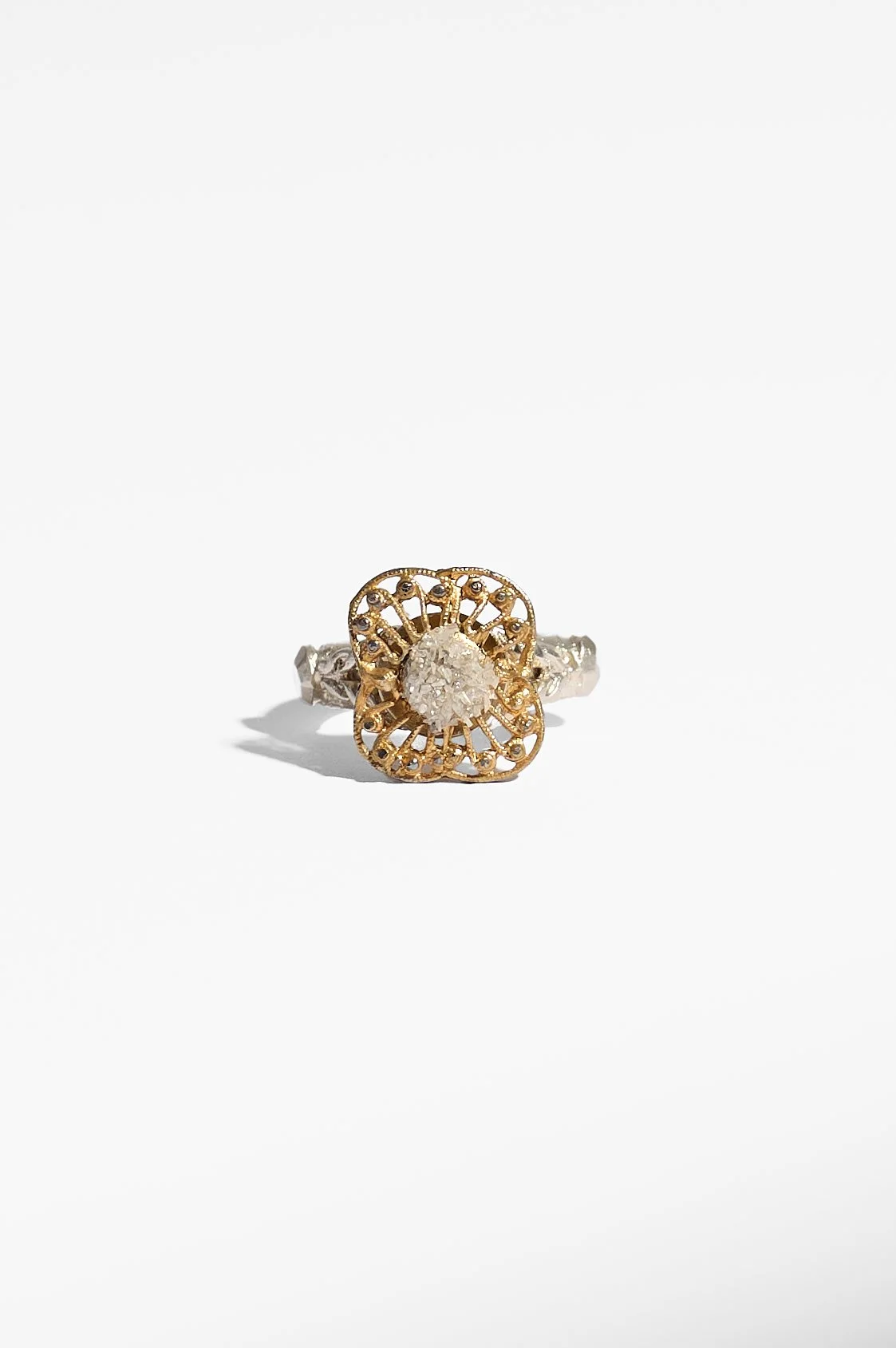 Laila Marie Costa, Untitled 20 (silver band square gold top with diamond powder), recycled sterling silver (oxidised & gold plated) and white diamond powder, 3 x 3.5 x 2cm, 13.6 grams, $1700. Photography: Ross Coulter