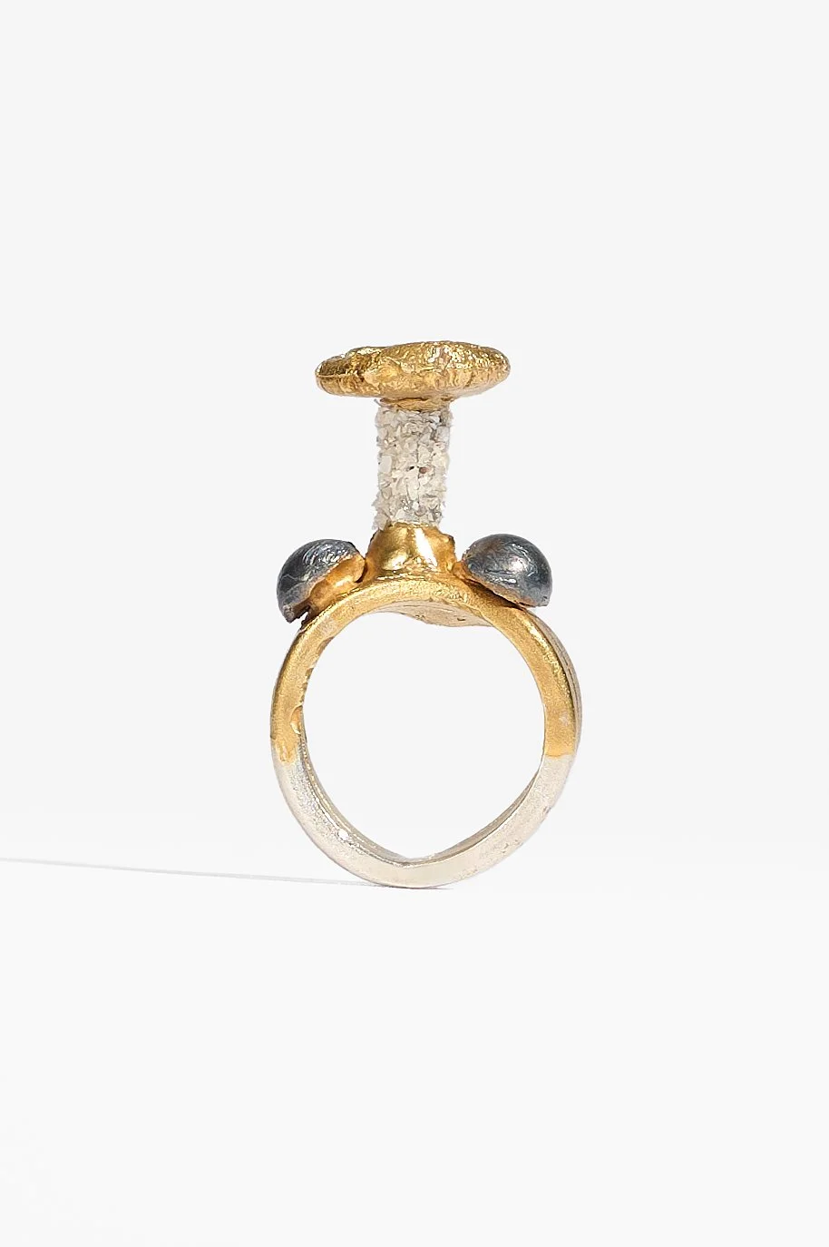 Laila Marie Costa, Untitled 6 (large diamond encrusted vertical stamen, two grey domes), sterling silver (partially oxidised and gold plated) and white diamond powder, 2.5 x 4 x 1.5cm,18.4 grams, $1600. Photography: Ross Coulter