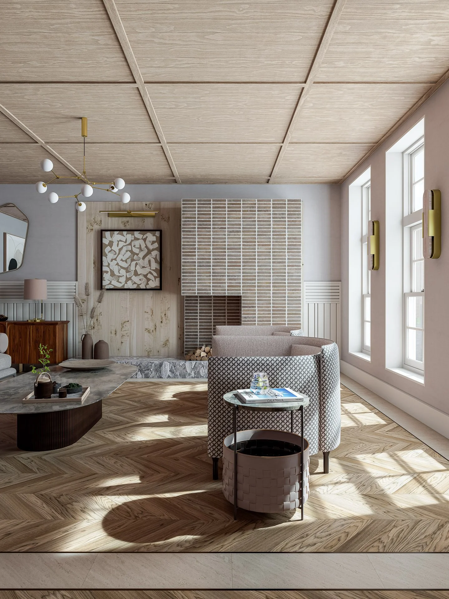 Hazelslade living room with tiled chimney breast, coffered ceiling, and bespoke shelving. Luxury interior design by Chapter Seven Design.