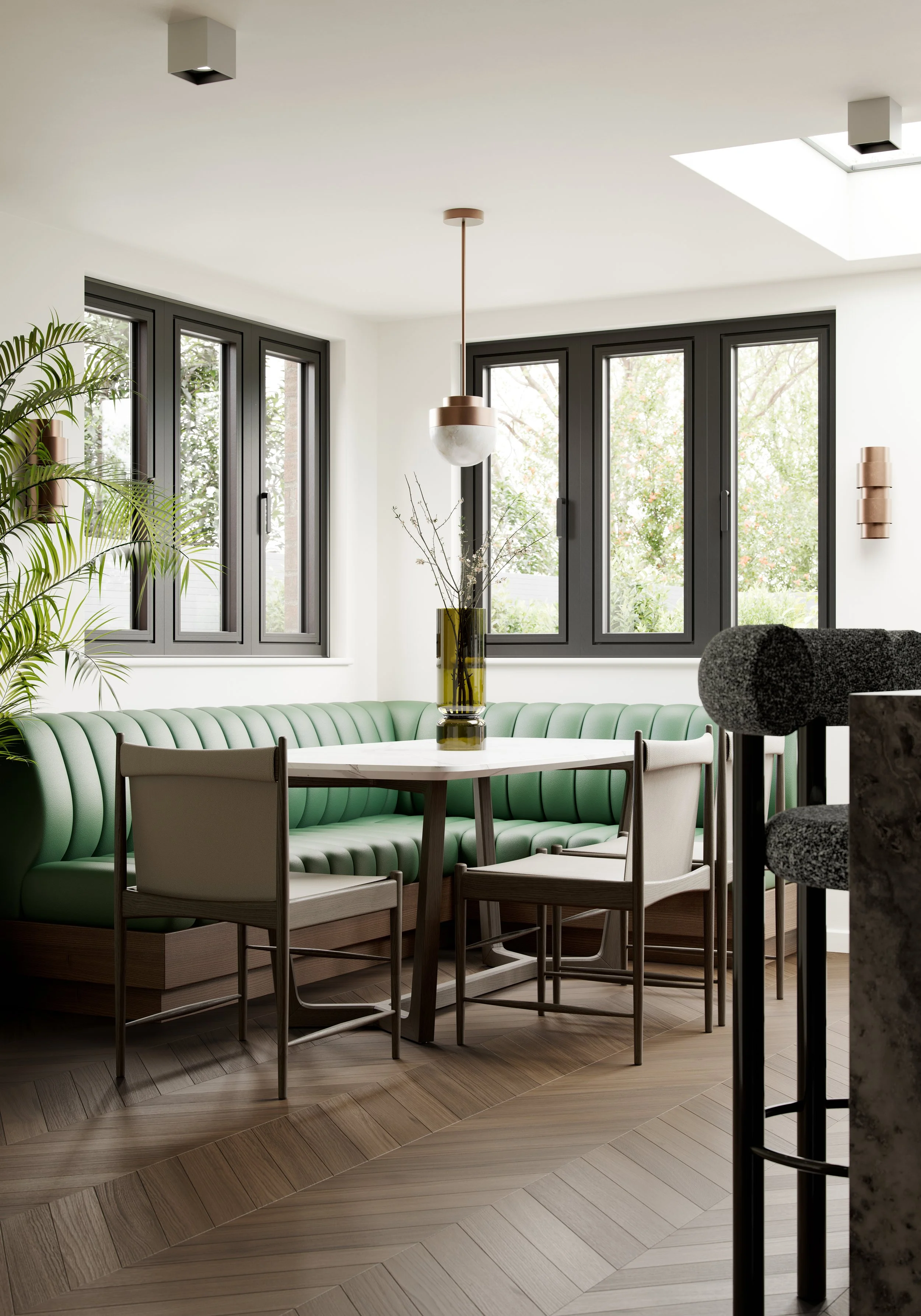 The Spinney kitchen with green banquette seating, interior design by Chapter Seven Design
