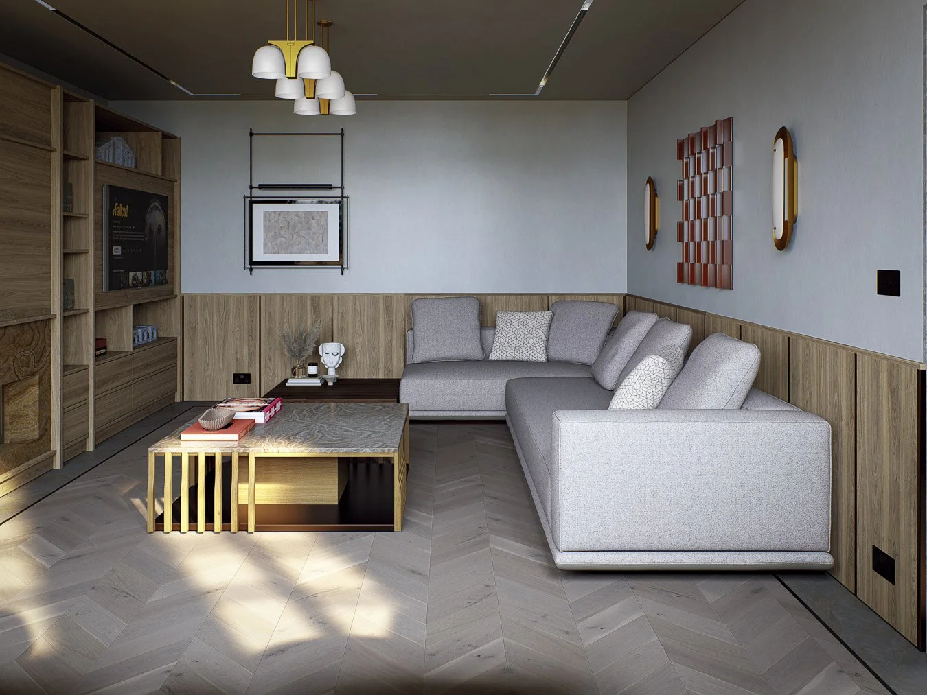 Bespoke living room interior with built-in cabinetry, contemporary fireplace and elegant neutral palette