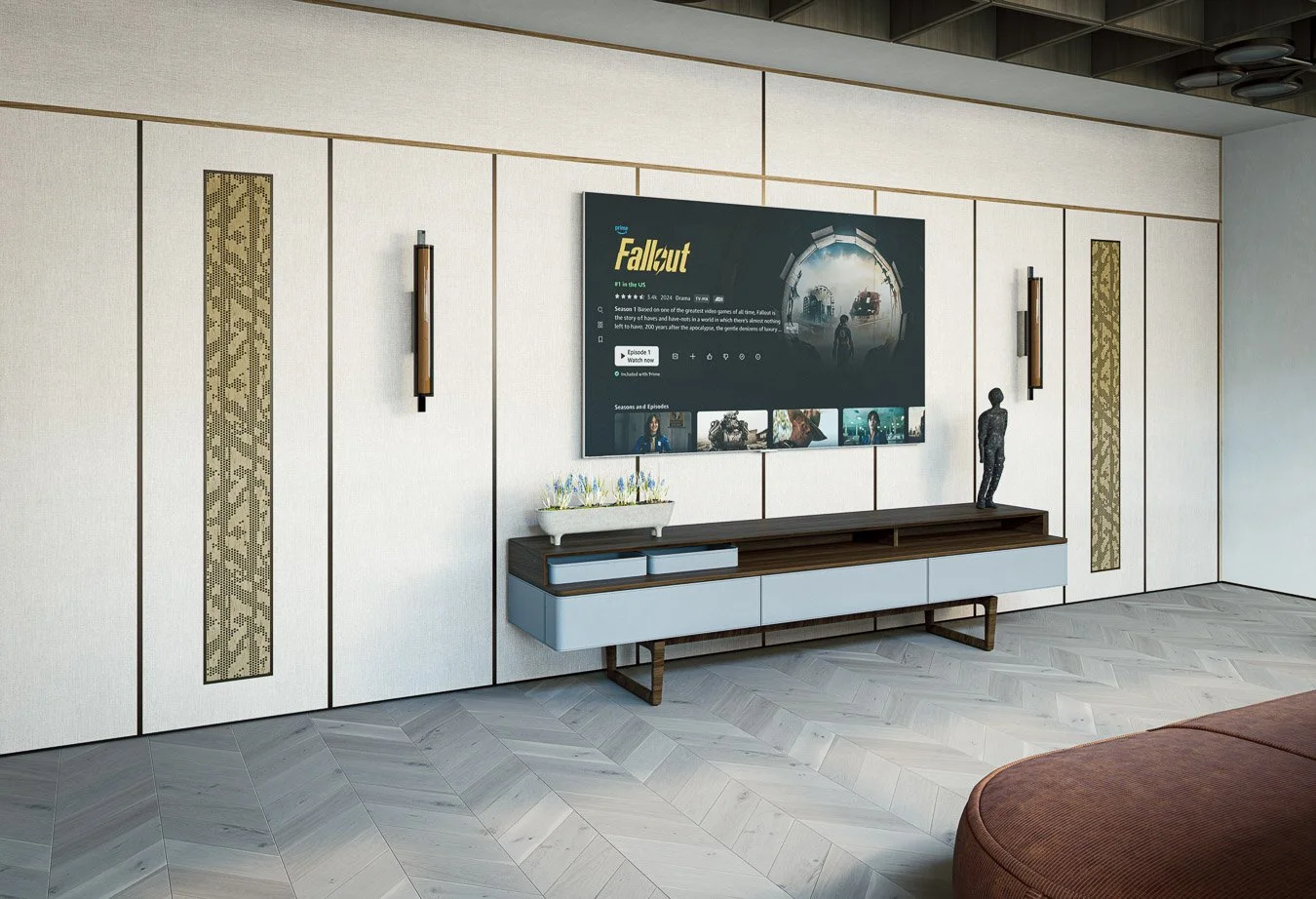 Relaxed family room with integrated media wall, tailored joinery and contemporary interior styling