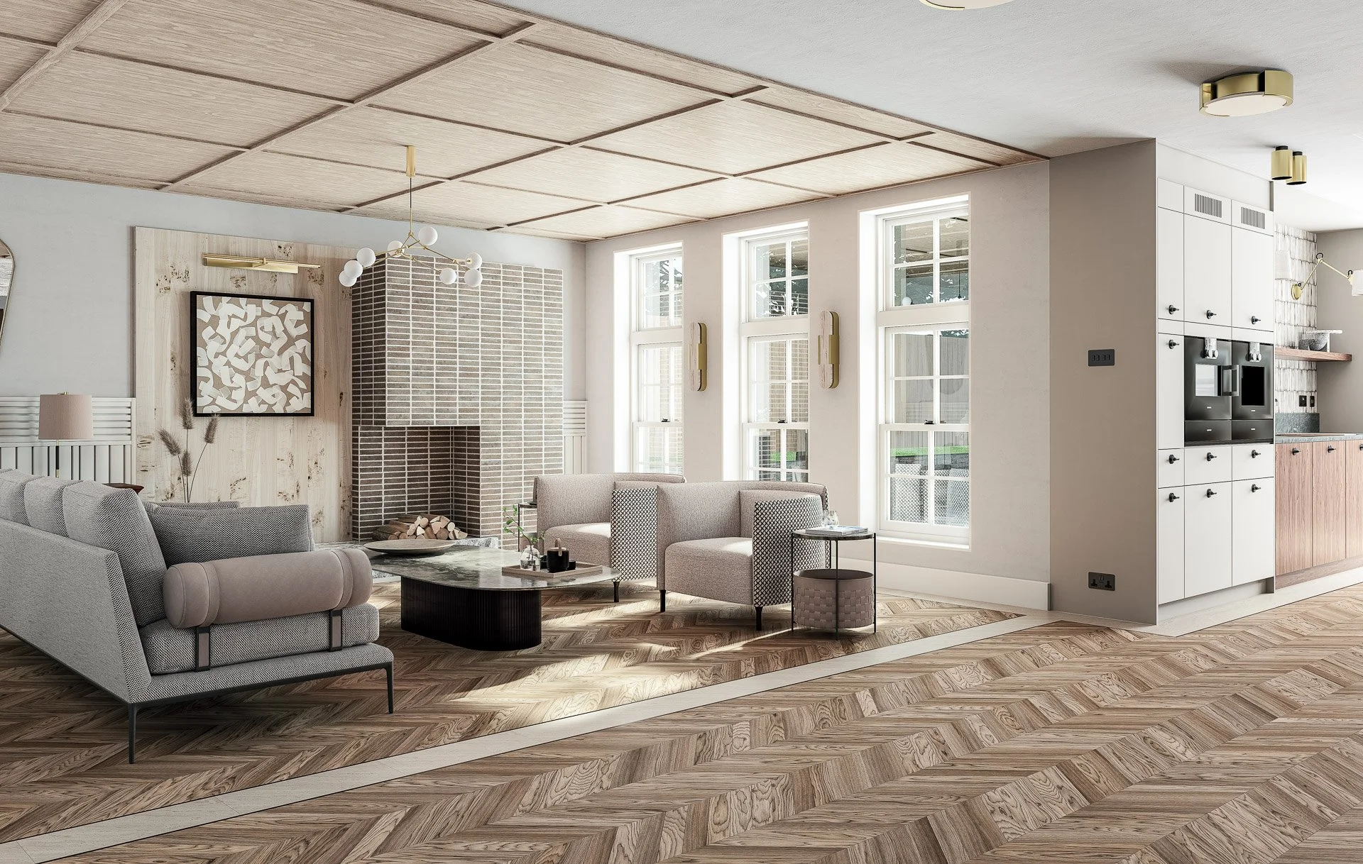 Hazelslade living room with tiled chimney breast, coffered ceiling, and bespoke shelving. Luxury interior design by Chapter Seven Design.