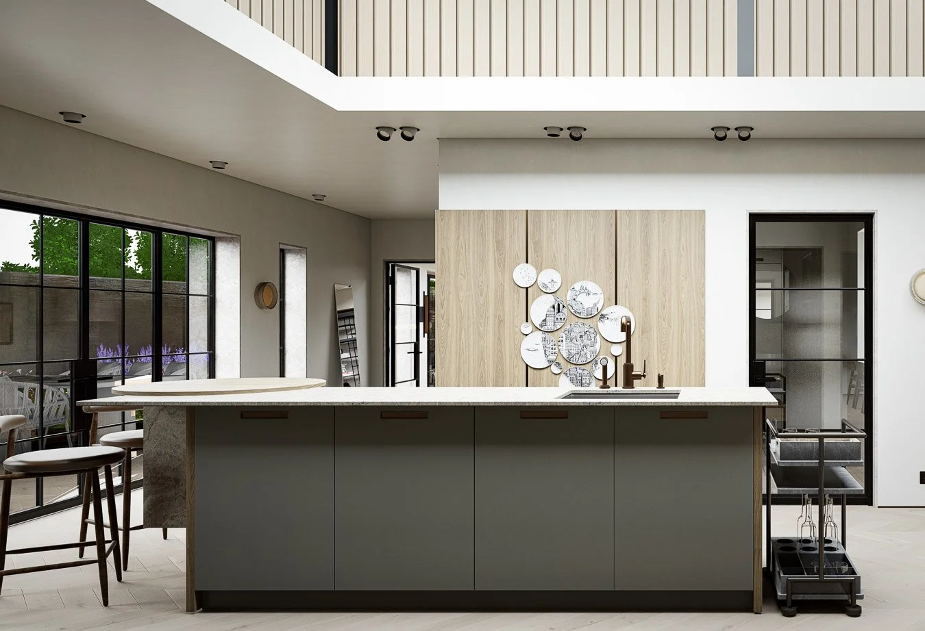 Luxury kitchen at Ledburn with grey cabinetry, stone worktops and a sculptural island design