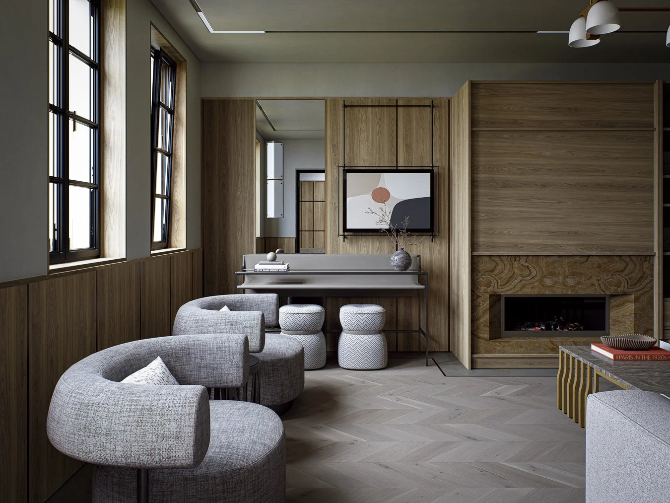 Luxury living room with bespoke media wall, integrated shelving and a feature stone fireplace