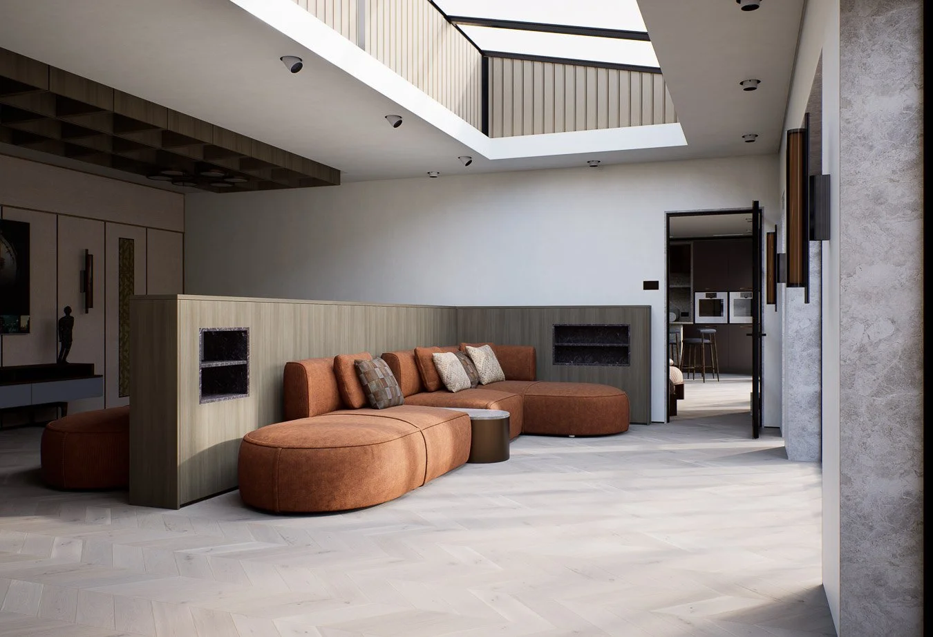 Luxury summer room with curved seating, bespoke shelving and a soft neutral material palette