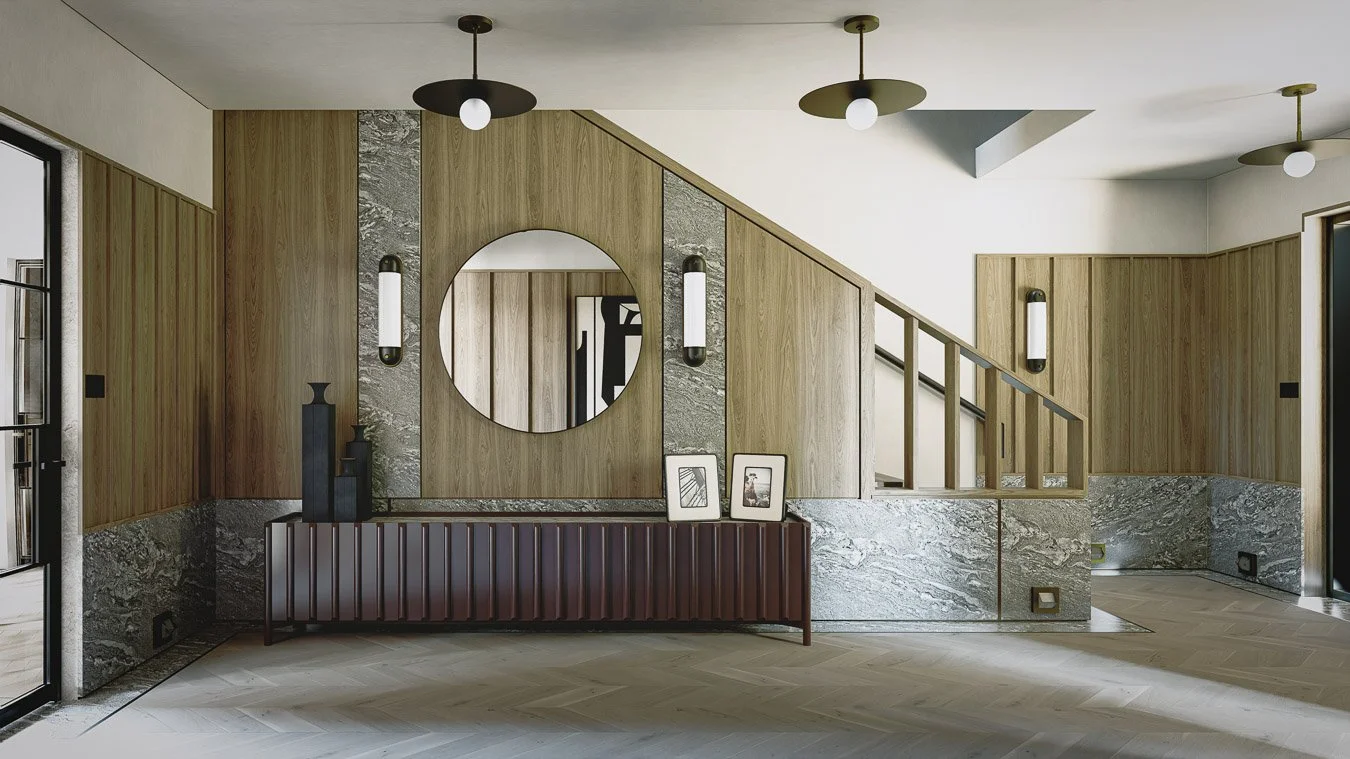 Luxury reception space with timber wall panelling, statement stone detailing and bespoke console table