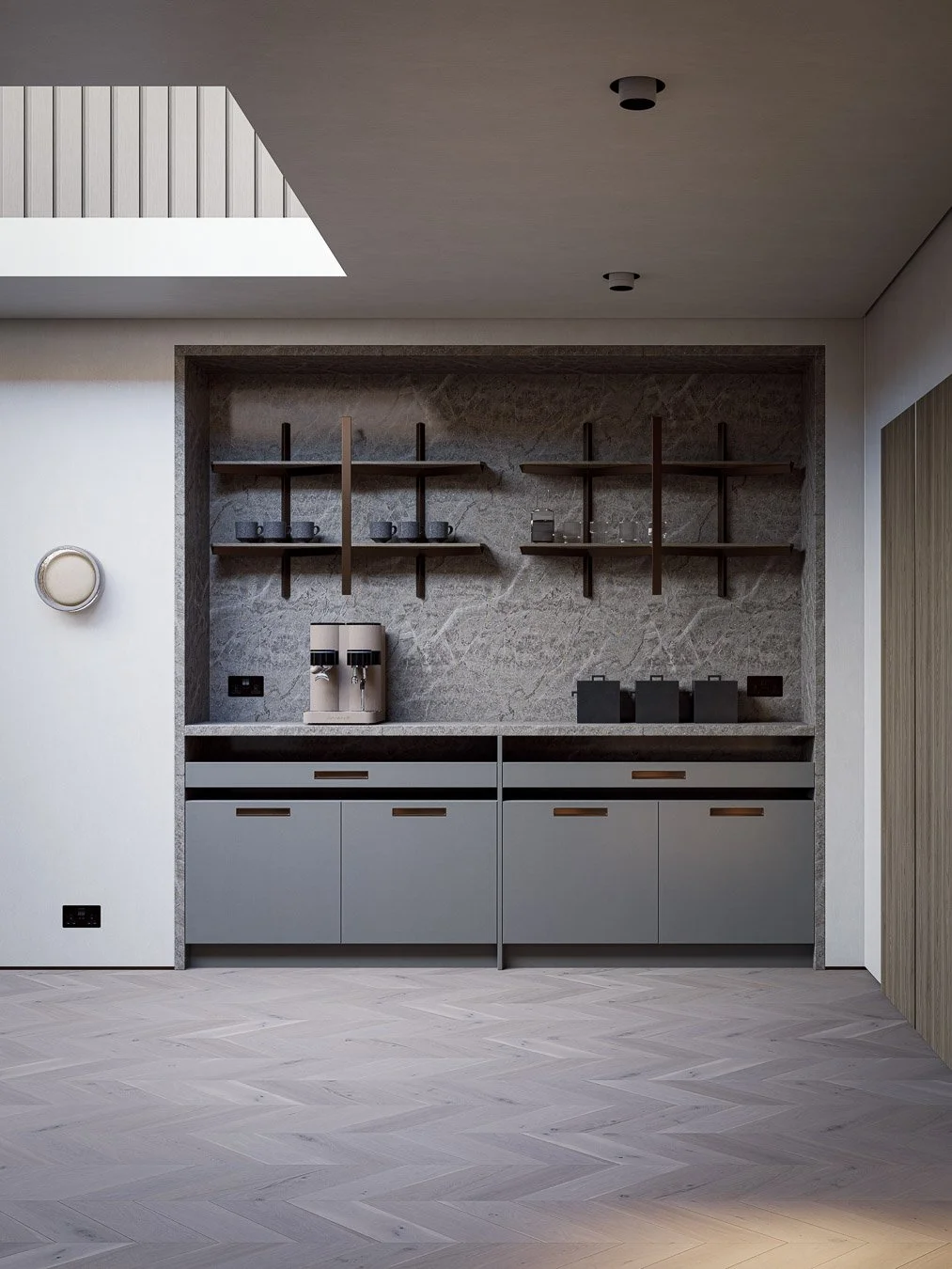 Luxury interior kitchen with stone surfaces, marble finshes and tailored storage solutions
