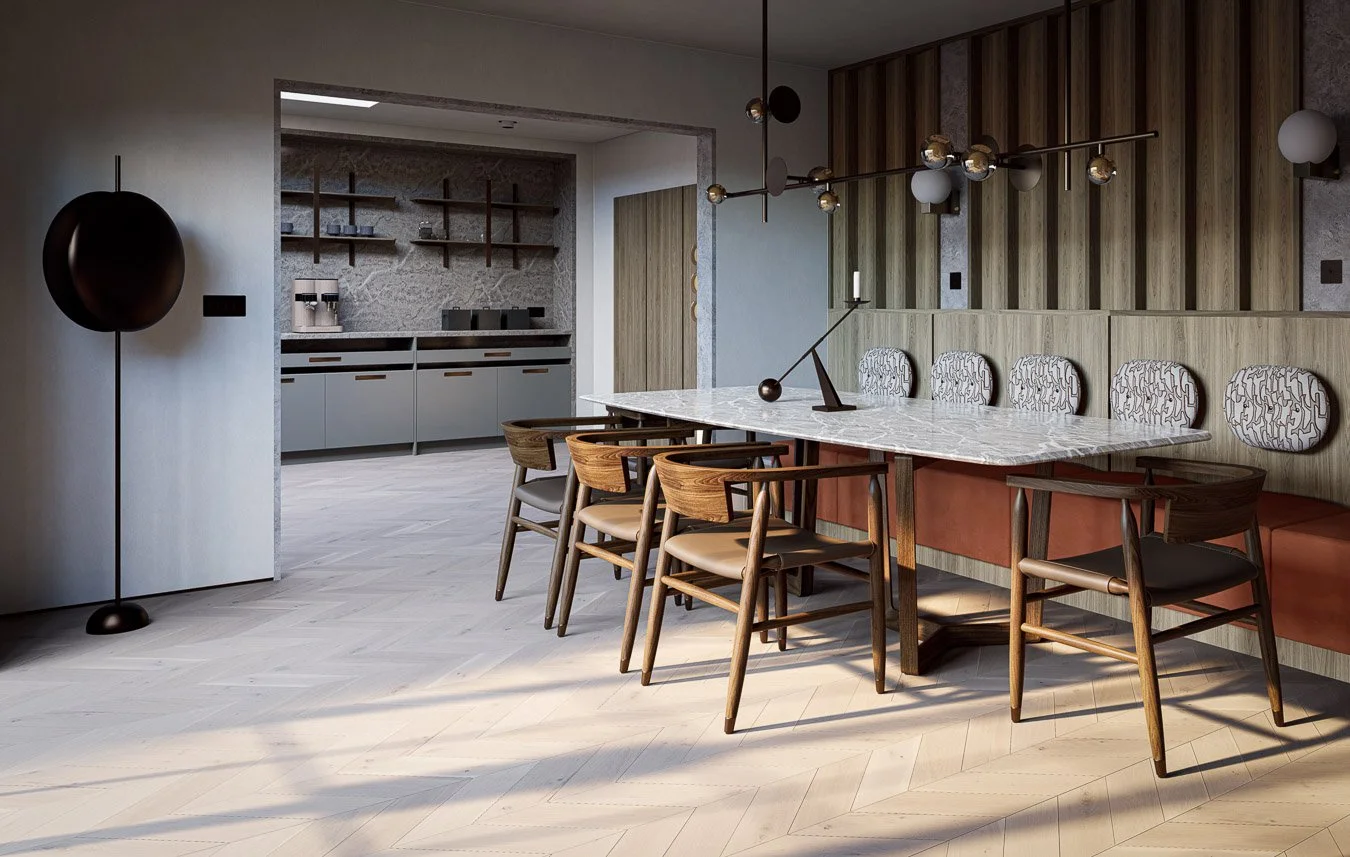 Bespoke dining area with layered textures, soft neutral tones and tailored interior detailing