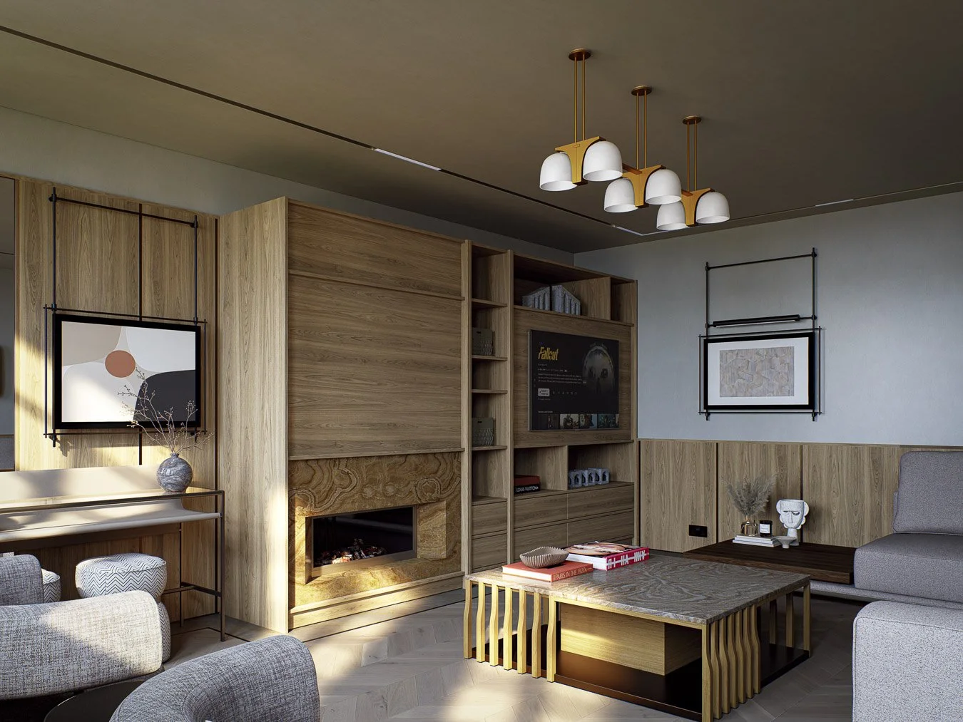 Refined family living space with tailored joinery, soft furnishings and warm layered textures