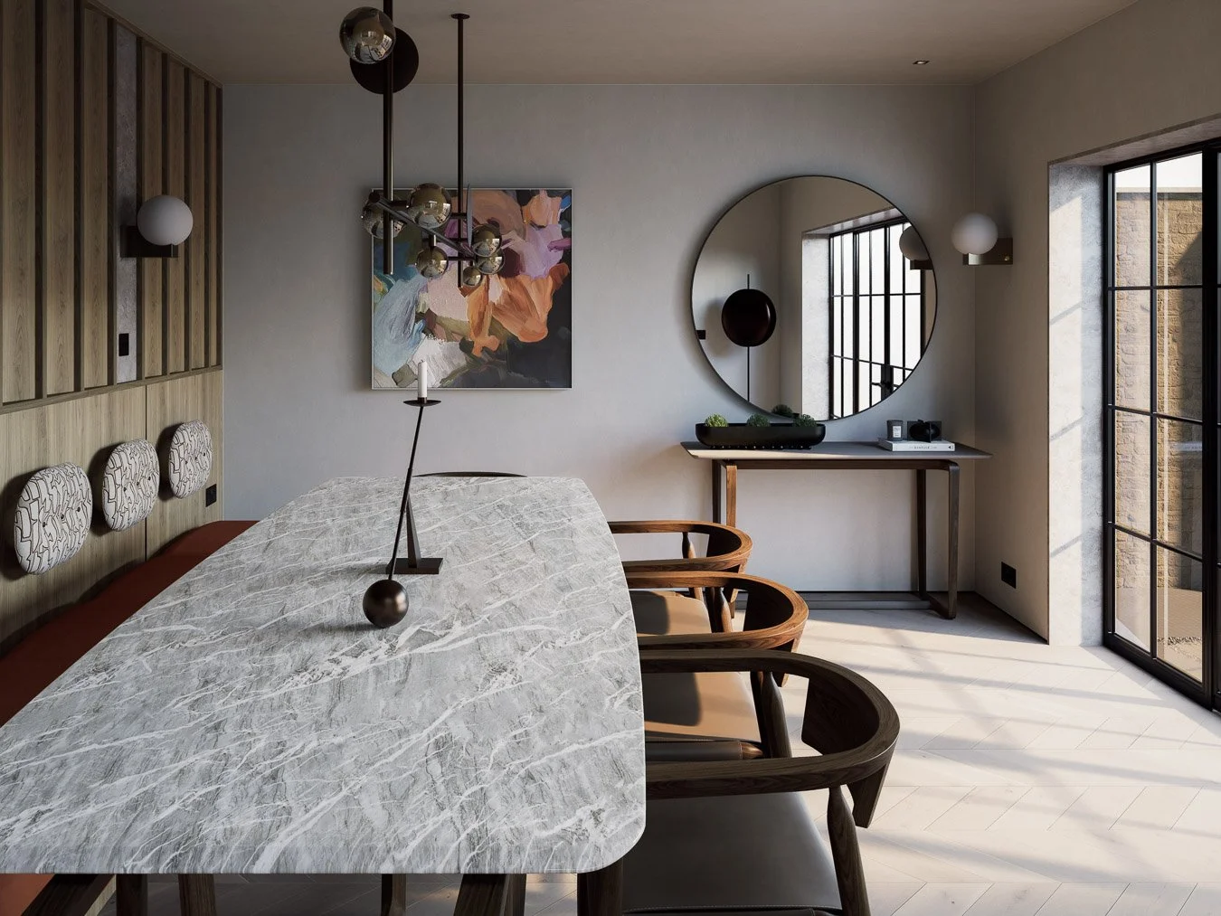 Refined dining space with warm timber detailing, curved banquette seating and a large round mirror