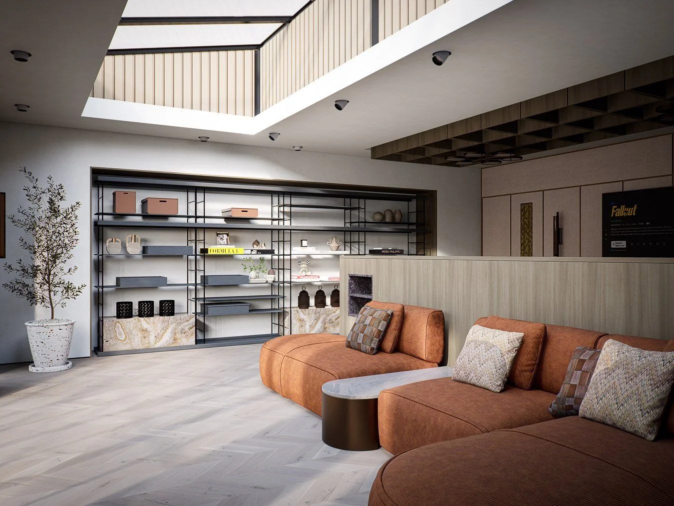 Refined summer room interior with warm textures, open shelving and soft natural light from above